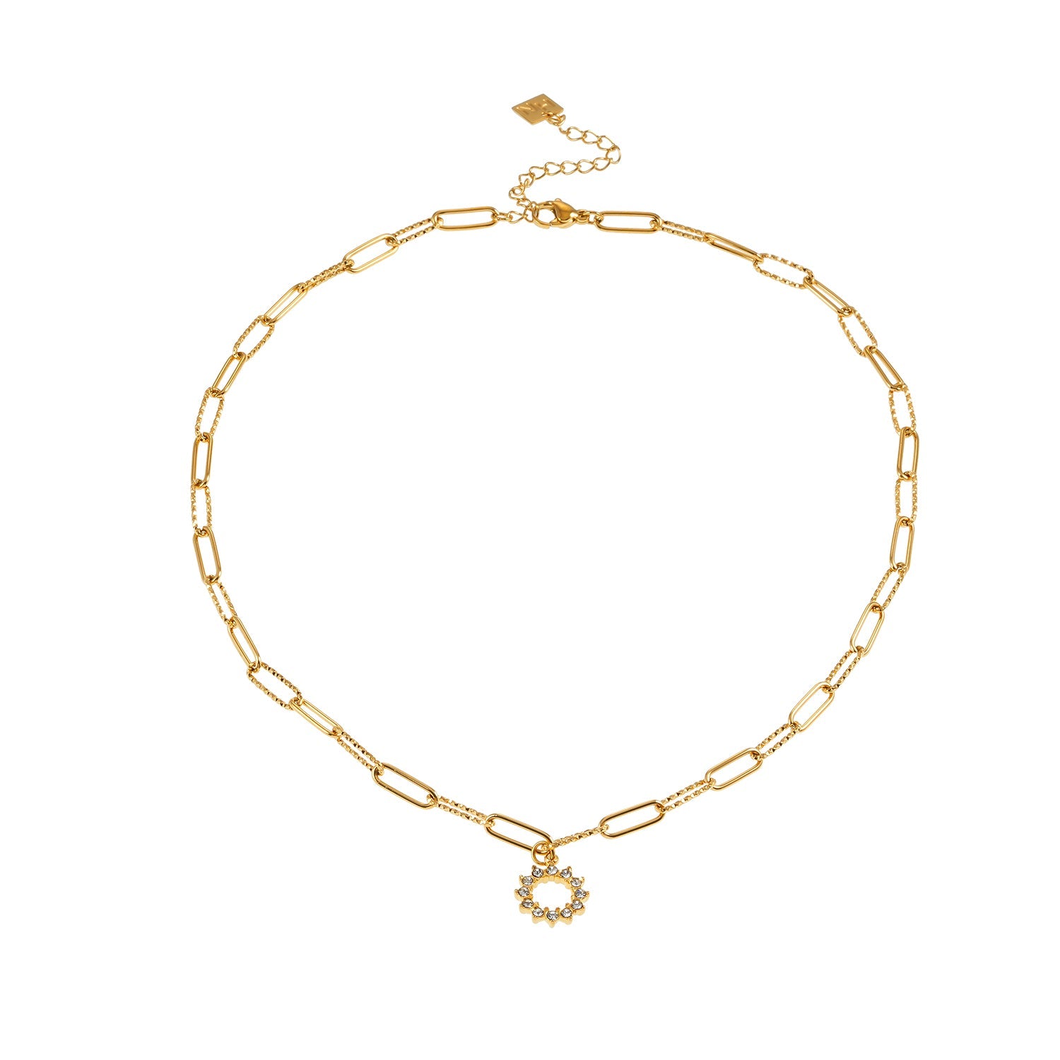 FRETTA: Radiant Star Shaped Pendant Zirconia Chain Necklace in Gold.