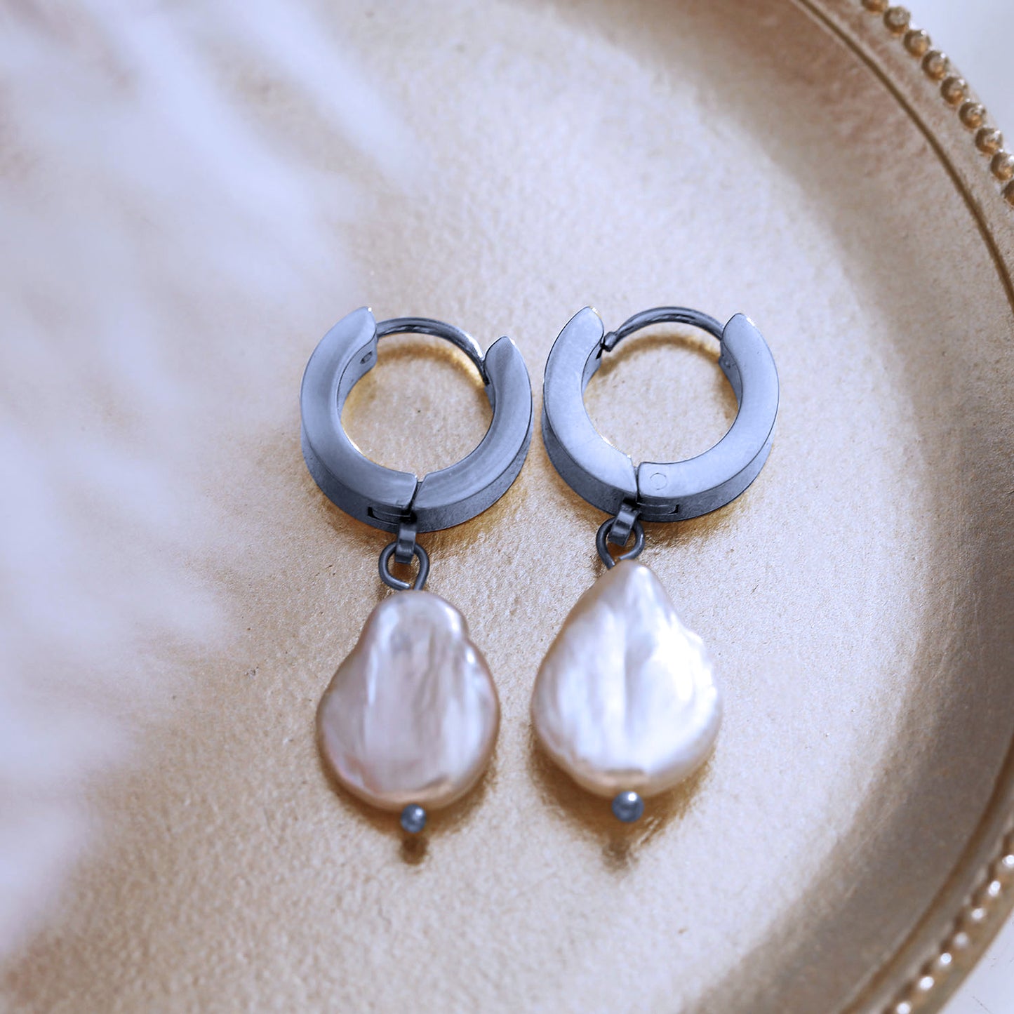 GAIA White Gold (Silver Toned):  Baroque Freshwater Pearls on Wide Mini Hoops