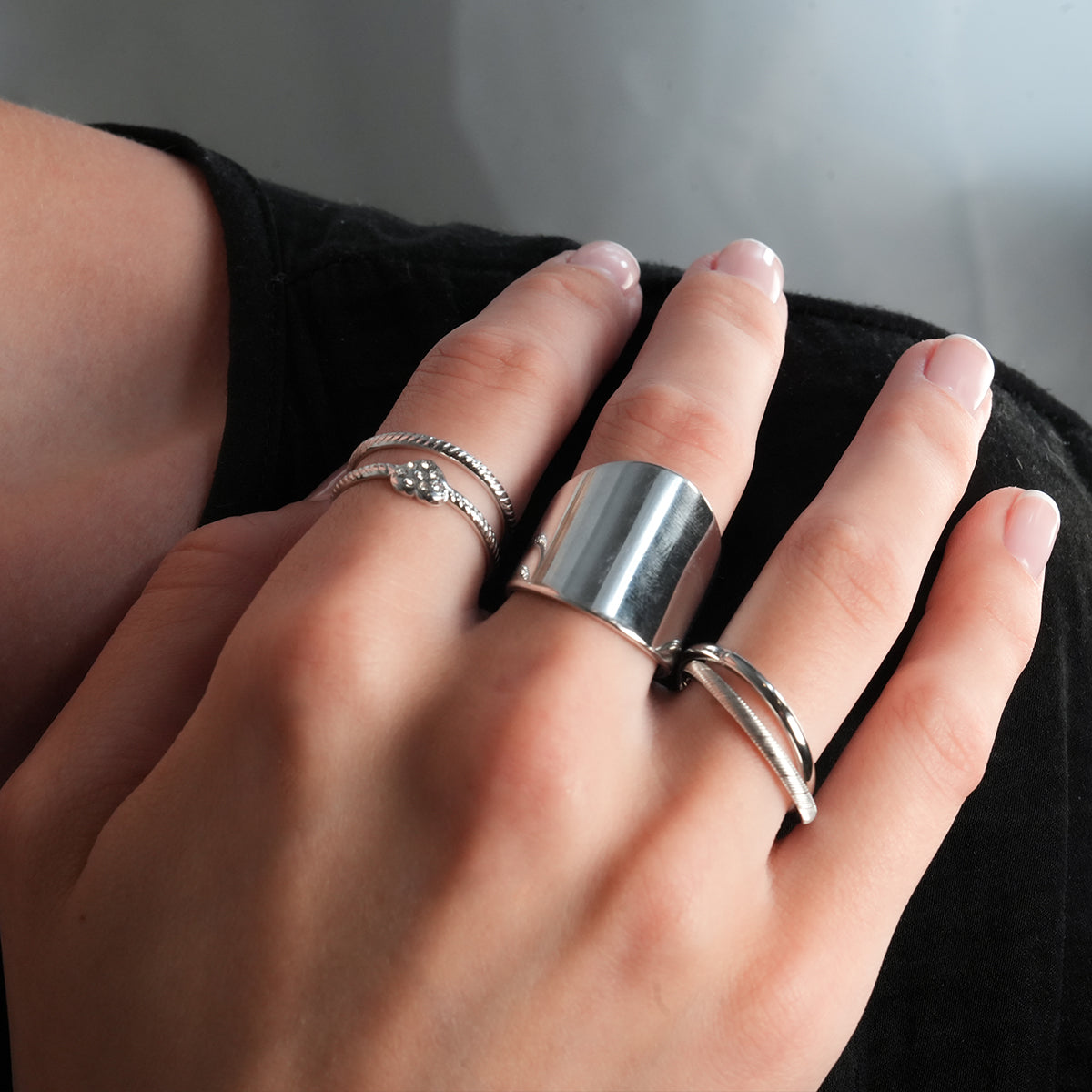 GILBERT: Double Banded Interconnected Stack Ring in White Gold (Silver Toned)