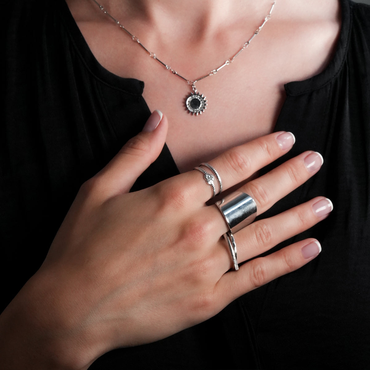 GILBERT: Double Banded Interconnected Stack Ring in White Gold (Silver Toned)