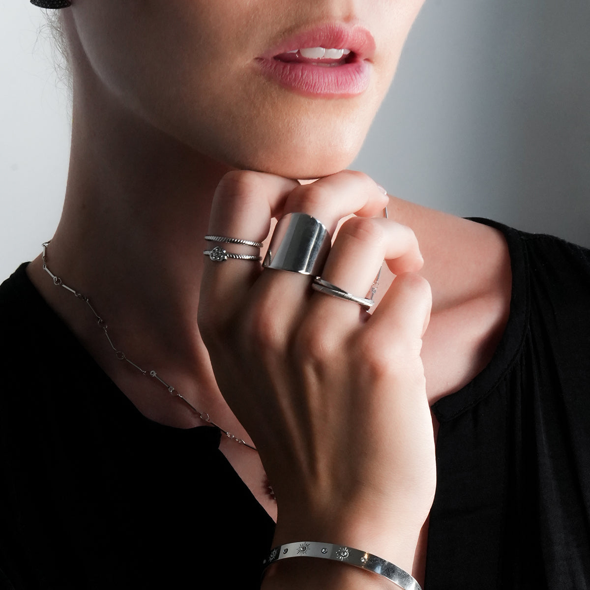 GILBERT: Double Banded Interconnected Stack Ring in White Gold (Silver Toned)
