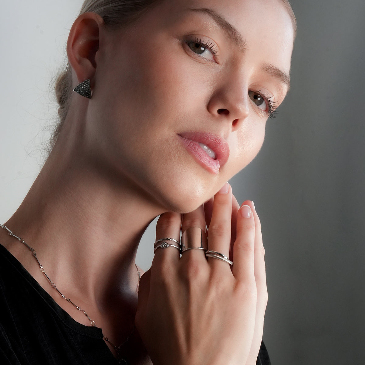 GILBERT: Double Banded Interconnected Stack Ring in White Gold (Silver Toned)