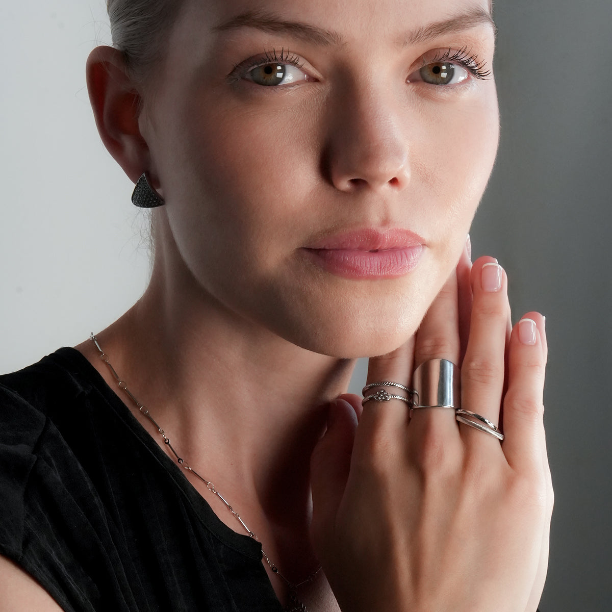 GILBERT: Double Banded Interconnected Stack Ring in White Gold (Silver Toned)