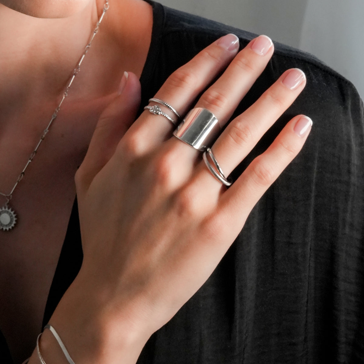 GILBERT: Double Banded Interconnected Stack Ring in White Gold (Silver Toned)