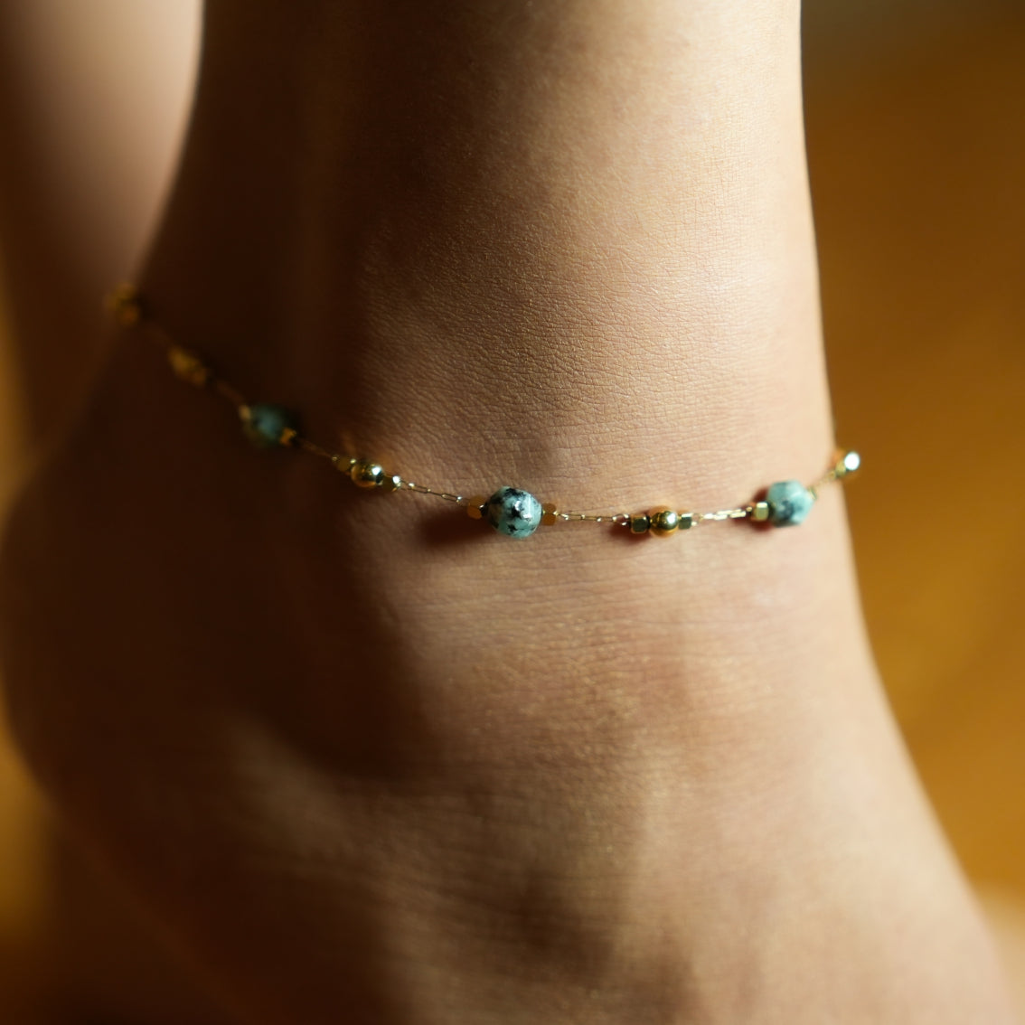 GIROC: Link-Chain, Gold Beads & African Turquoise Natural Stones Anklet