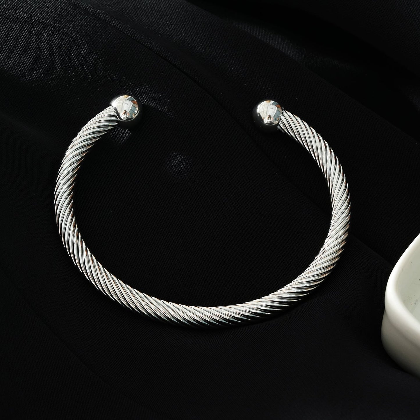 GOCHAR: Contemporary Elegance - White Gold ( Silver Toned) Bracelet with Surface Lines & Ball Bead Accents