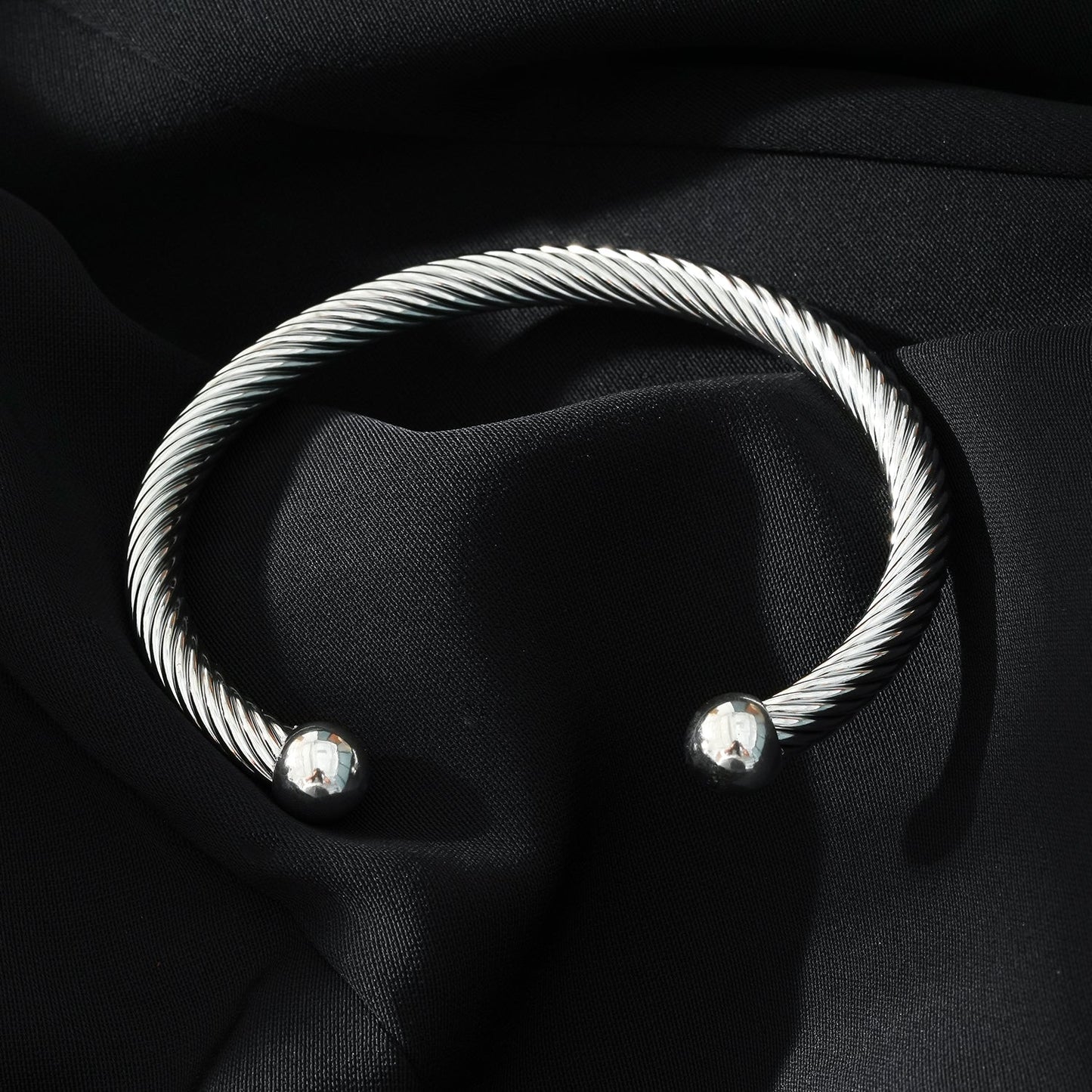 GOCHAR: Contemporary Elegance - White Gold ( Silver Toned) Bracelet with Surface Lines & Ball Bead Accents