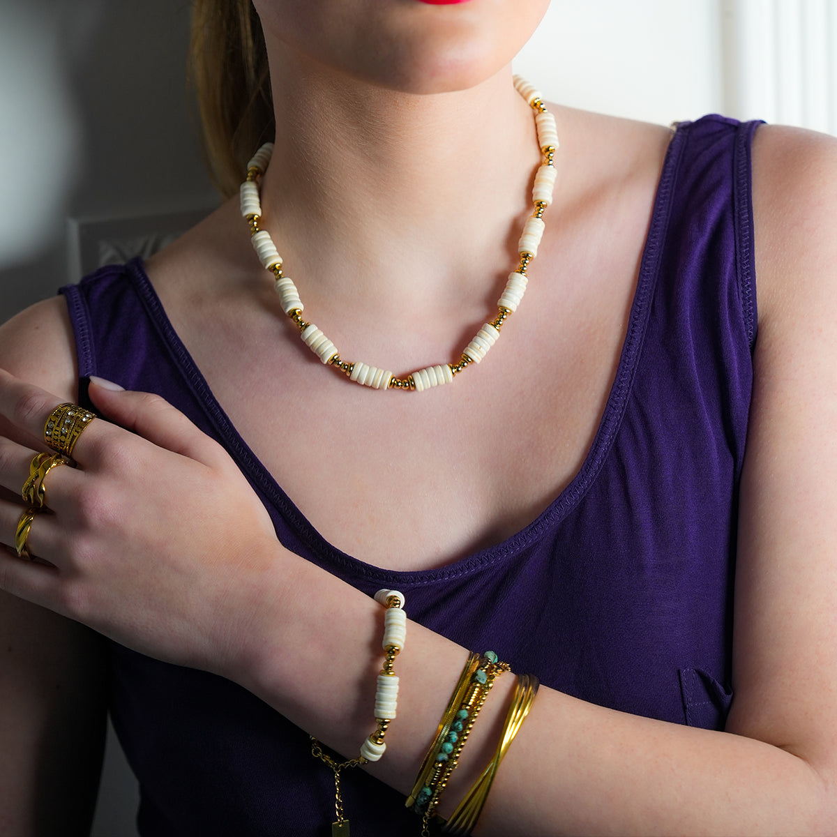 Style GODIVA: White Turquoise Stone & Gold Beaded Modern Boho Bracelet