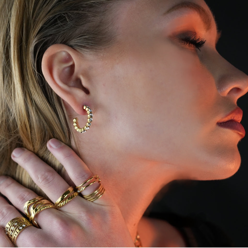 HAMIA: Zirconia Embellished Beaded Hoop Earrings