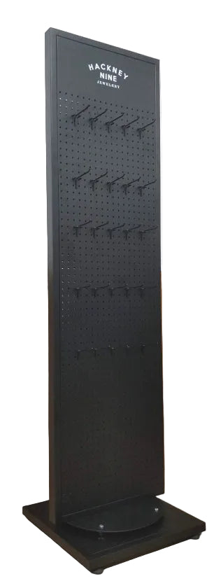 HACKNEY NINE Double-Sided Spinning Metal Floor Display Stand – Black Matte Luxe Pegboard With Logo