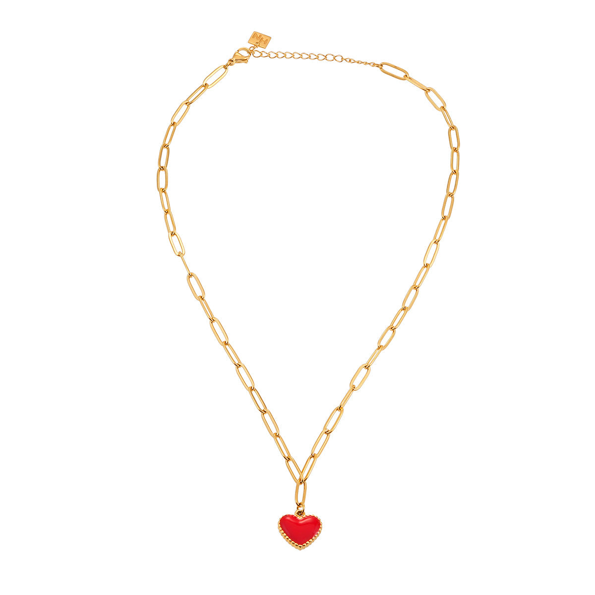 HEART ROUGE Gold: Paper Clip Chain Anchoring an Enameled Red Heart Charm