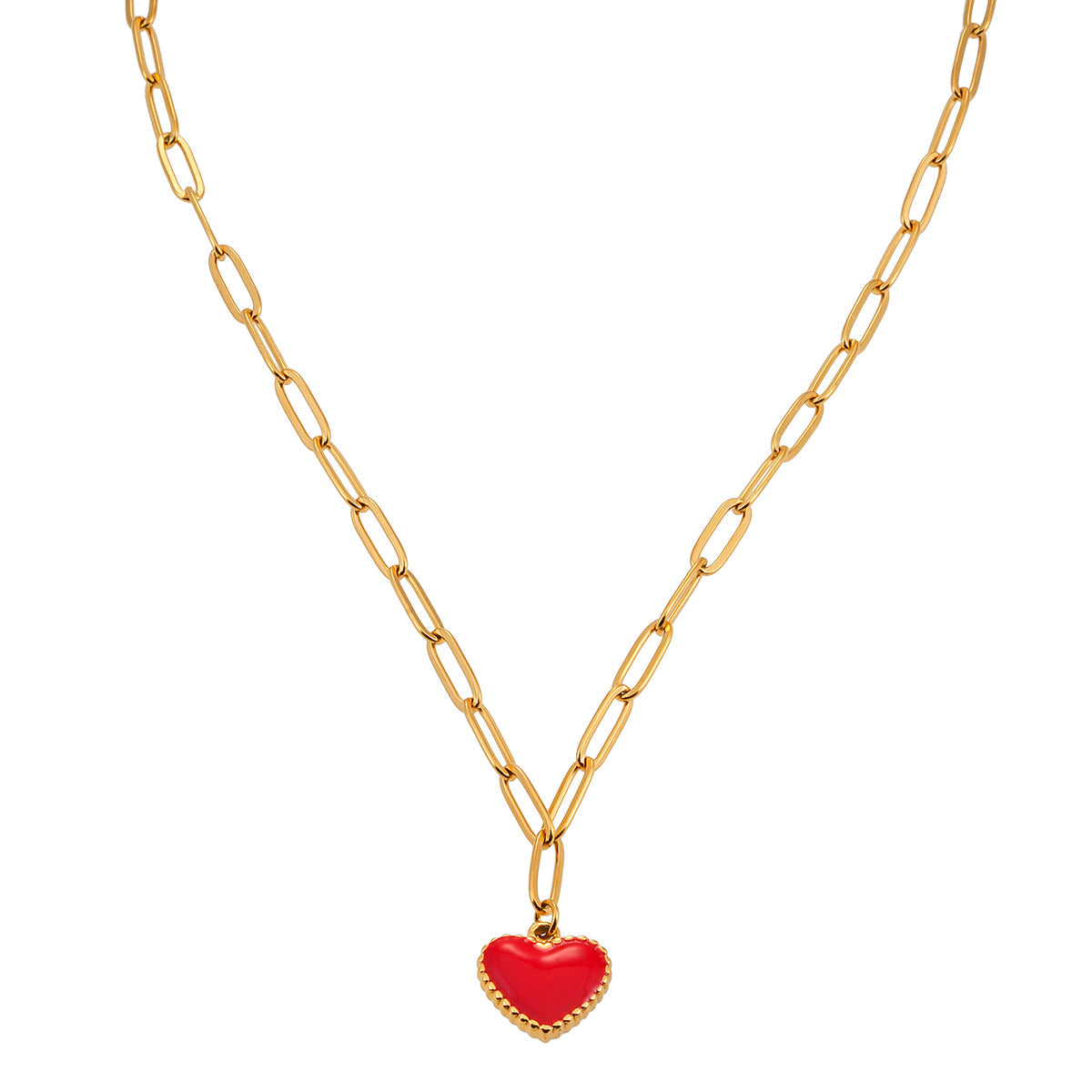 HEART ROUGE Gold: Paper Clip Chain Anchoring an Enameled Red Heart Charm