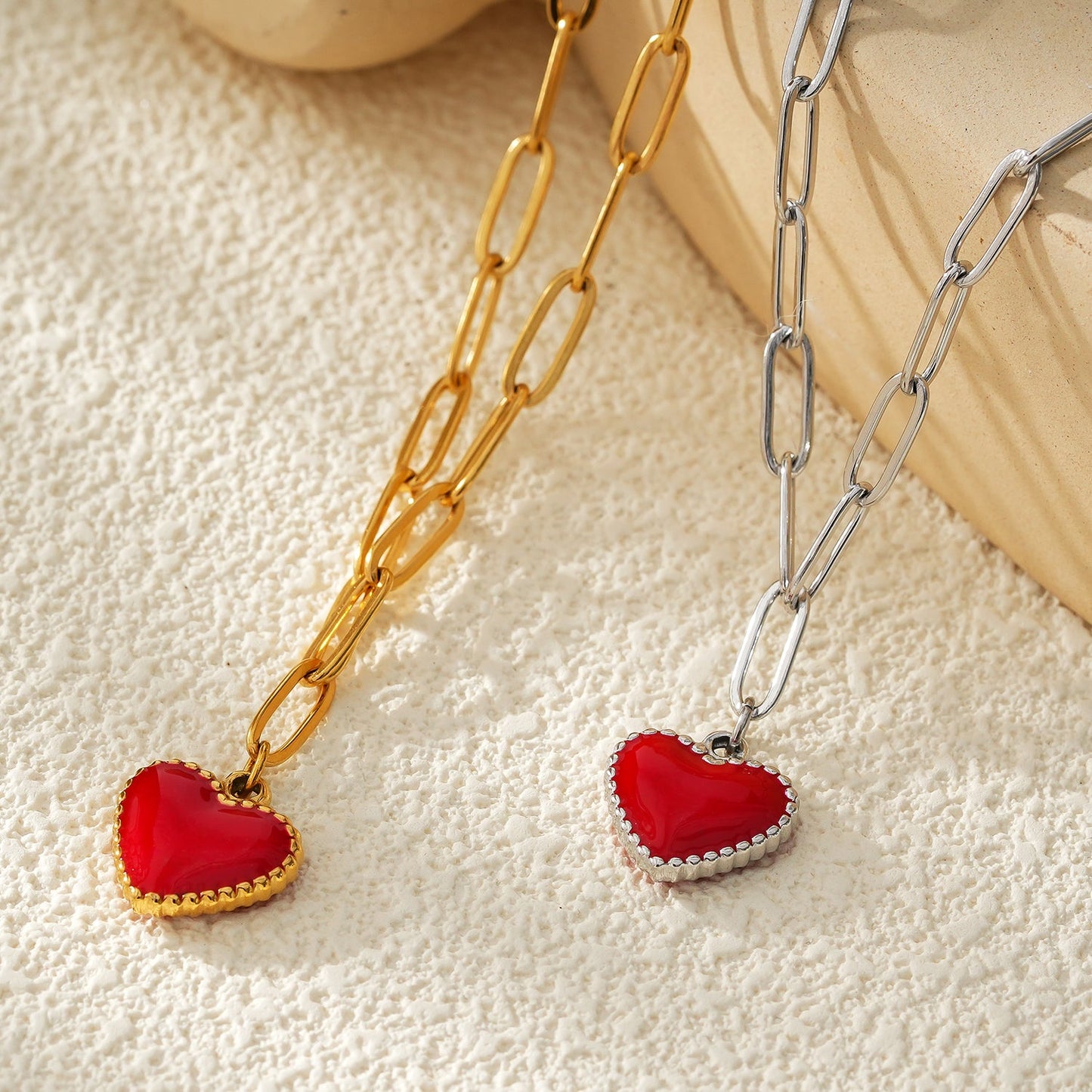 HEART ROUGE Gold: Paper Clip Chain Anchoring an Enameled Red Heart Charm