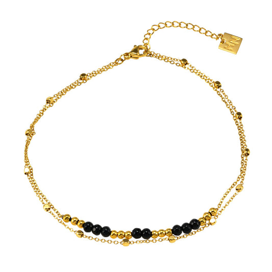 HILDA LG: Two-in-One Square Beads & Round Beads in Black & Gold Anklet.