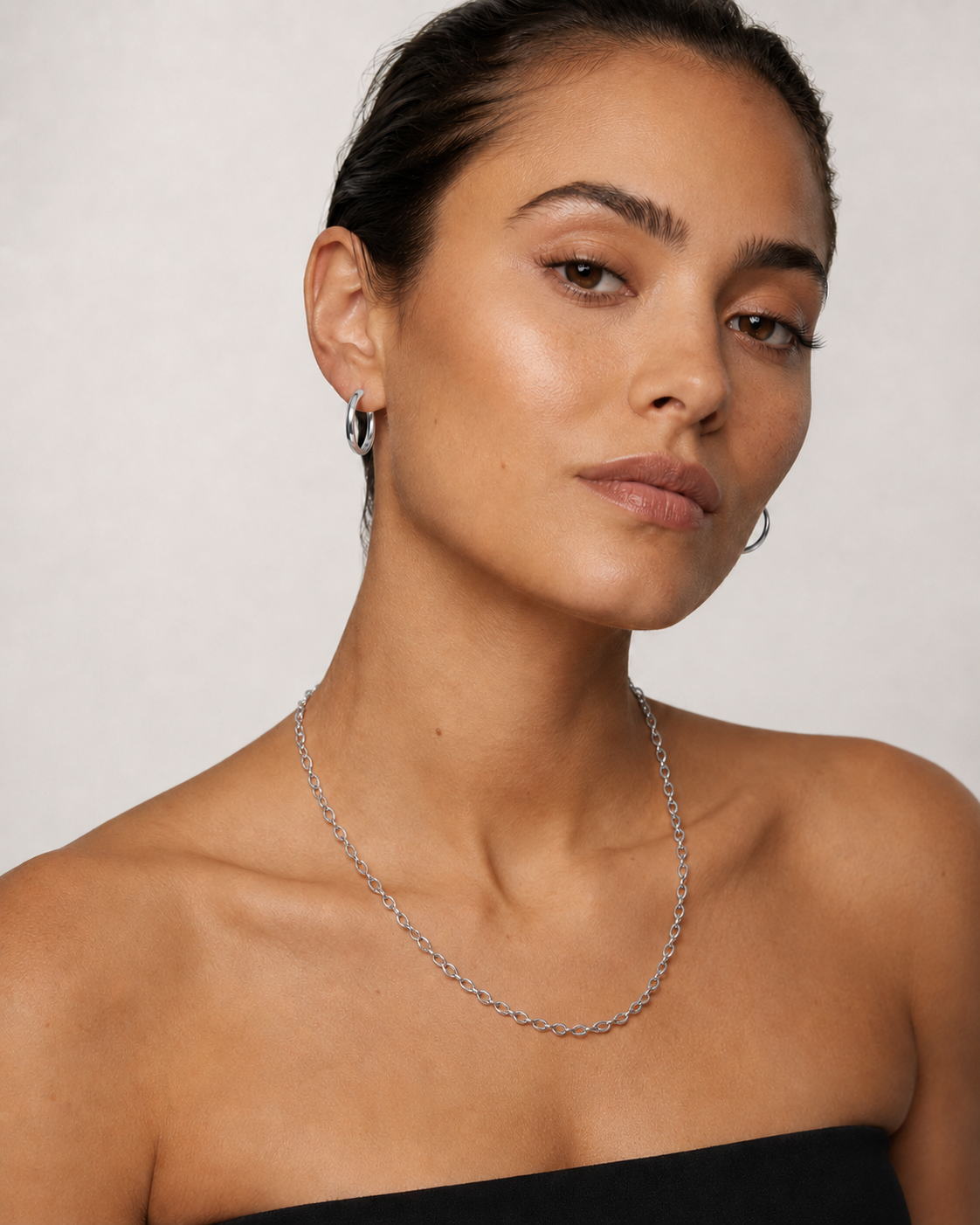 IKEM Silver (White Gold): Oval-Beads Coffee Bean Chain Necklace