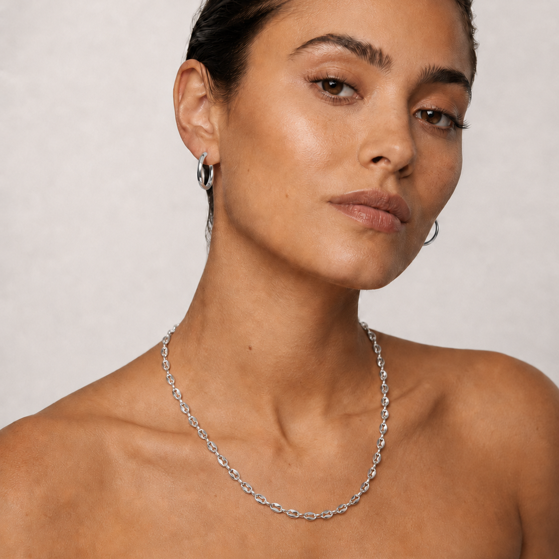 IKEM Silver (White Gold): Oval-Beads Coffee Bean Chain Necklace