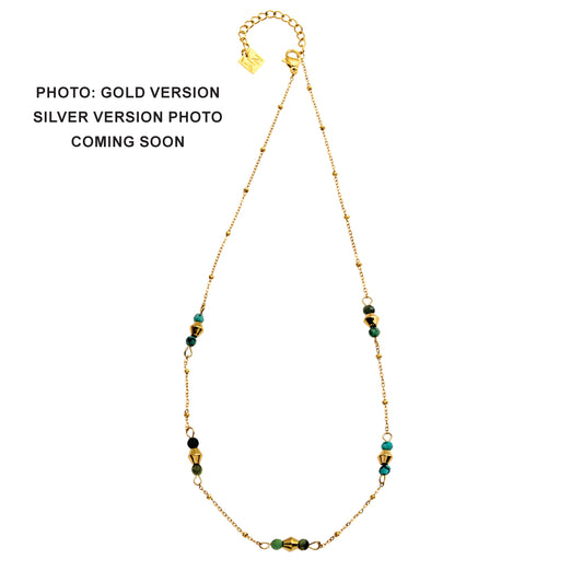 IMANI: Mix Bead Dainty Chain Necklace featuring Natural Stones & White Gold (Silver Toned) Metal