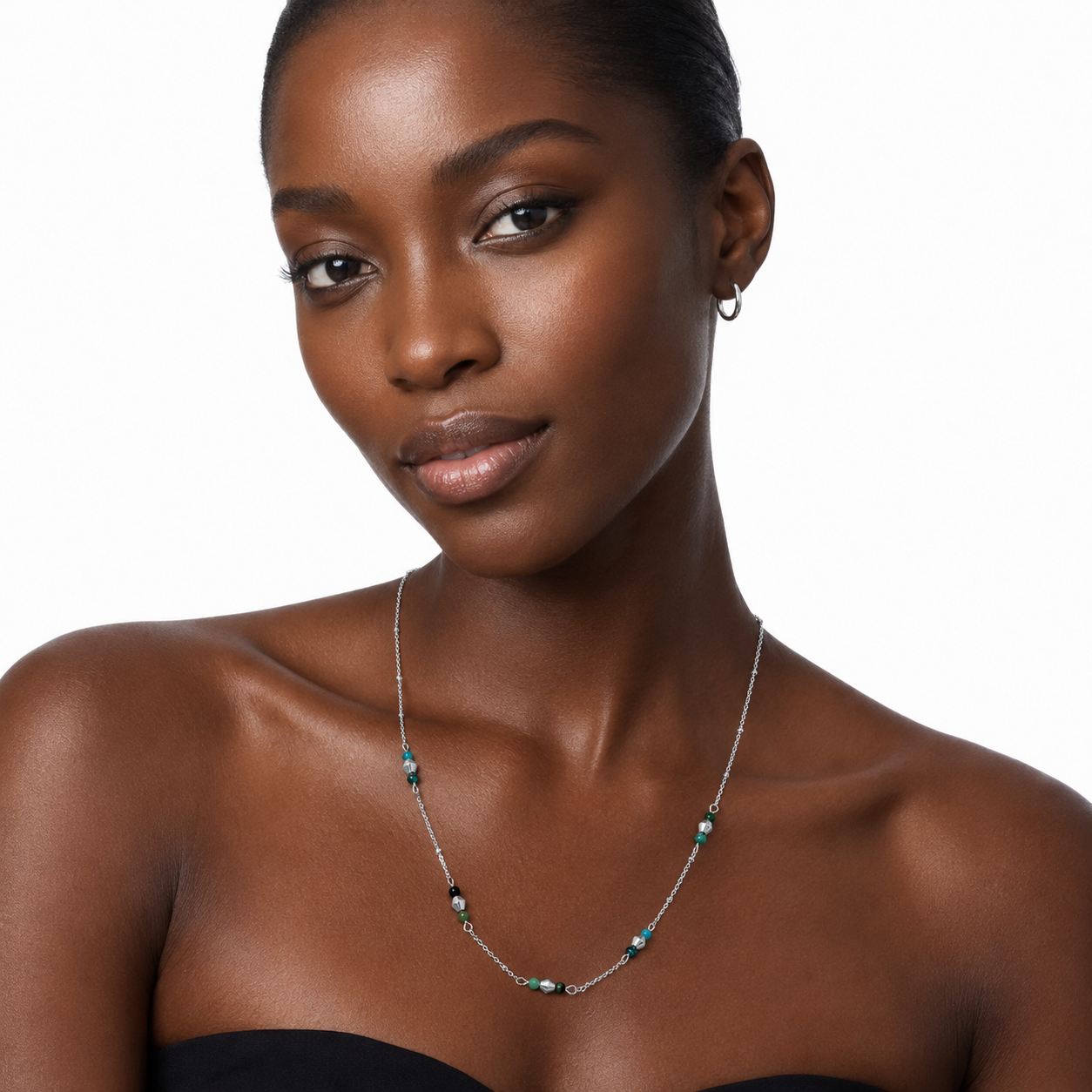 IMANI: Mix Bead Dainty Chain Necklace featuring Natural Stones & White Gold (Silver Toned) Metal