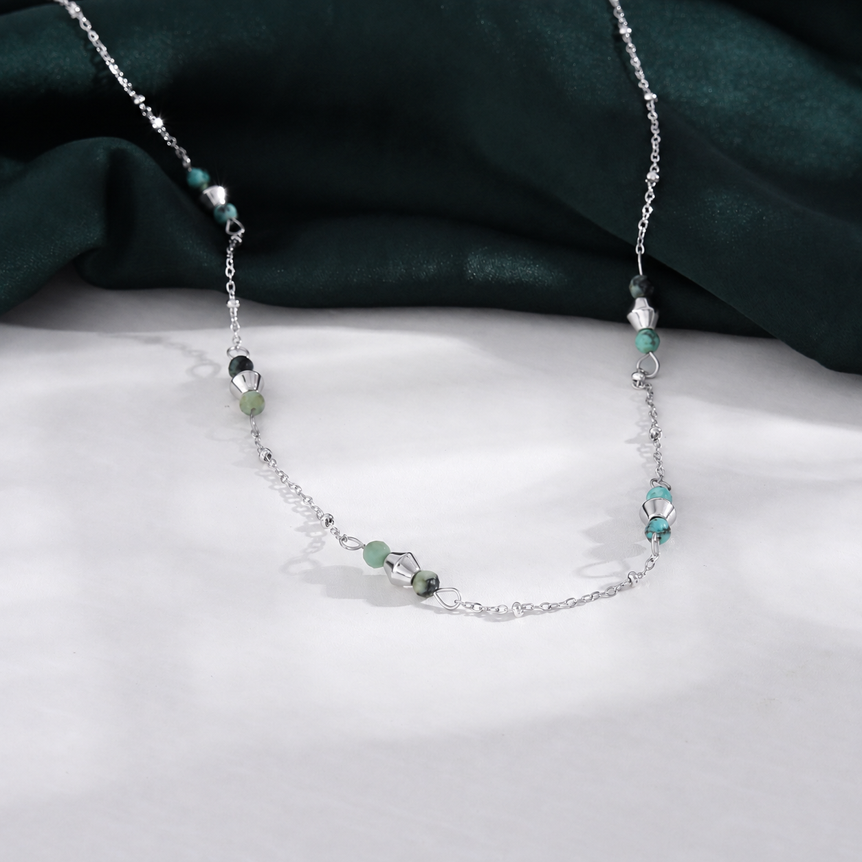 IMANI Silver (White Gold): Mix Bead Dainty Chain Necklace featuring Natural Stones