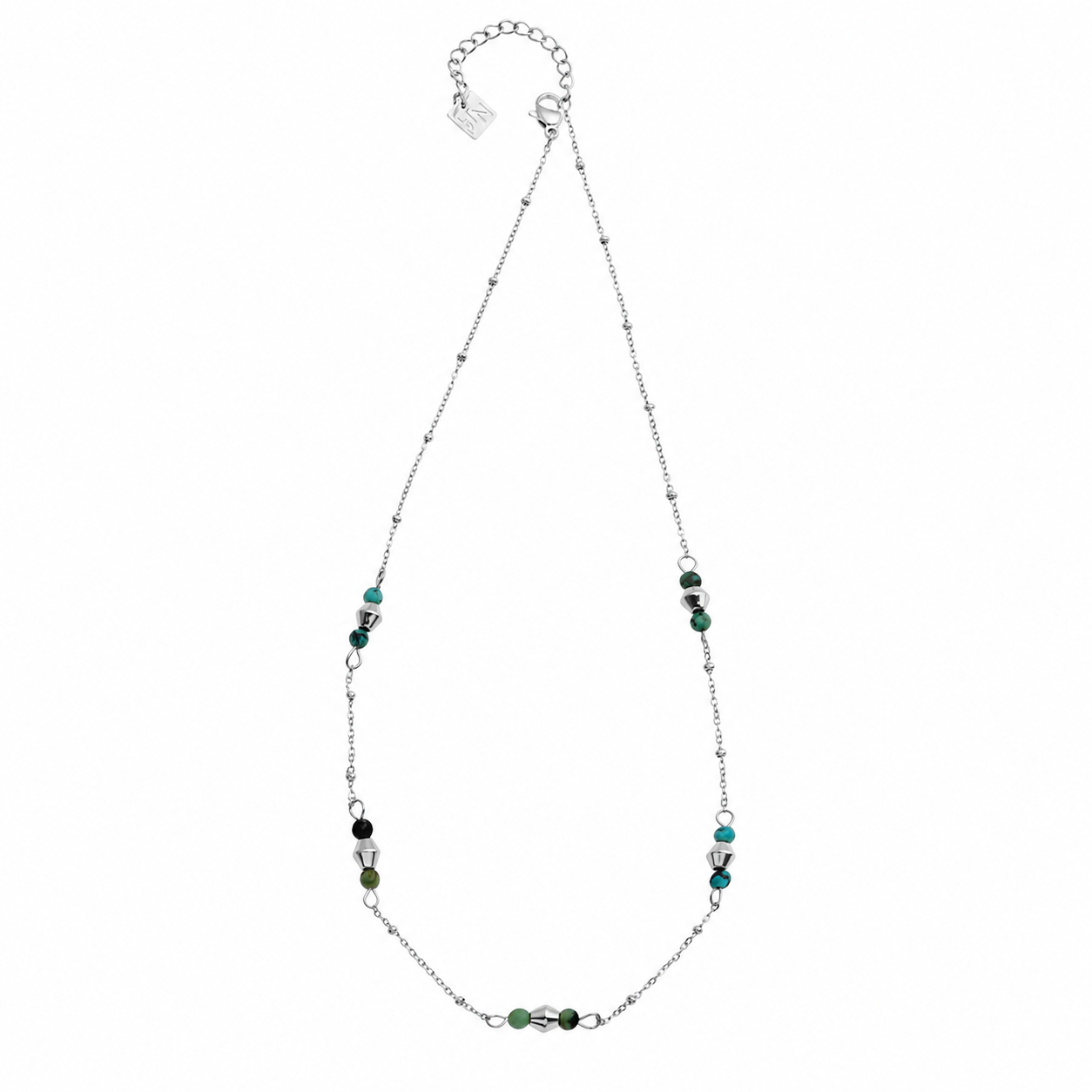IMANI: Mix Bead Dainty Chain Necklace featuring Natural Stones & White Gold (Silver Toned) Metal