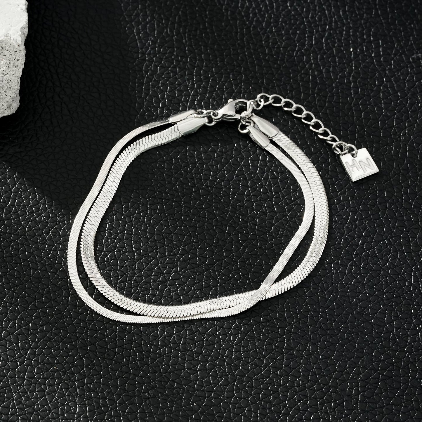 INESE: Snake-Skin Textured 2-Layer White Gold (Silver Toned) Bracelet