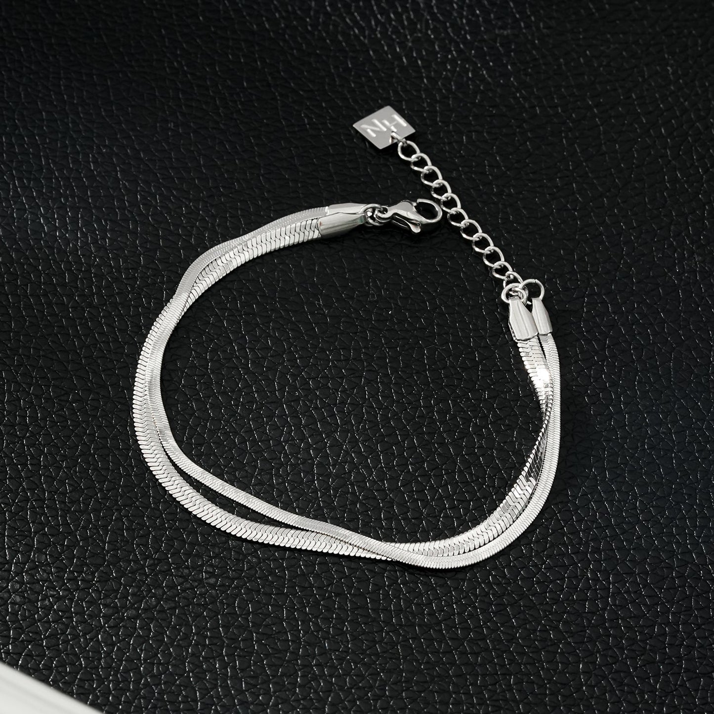 INESE: Snake-Skin Textured 2-Layer White Gold (Silver Toned) Bracelet