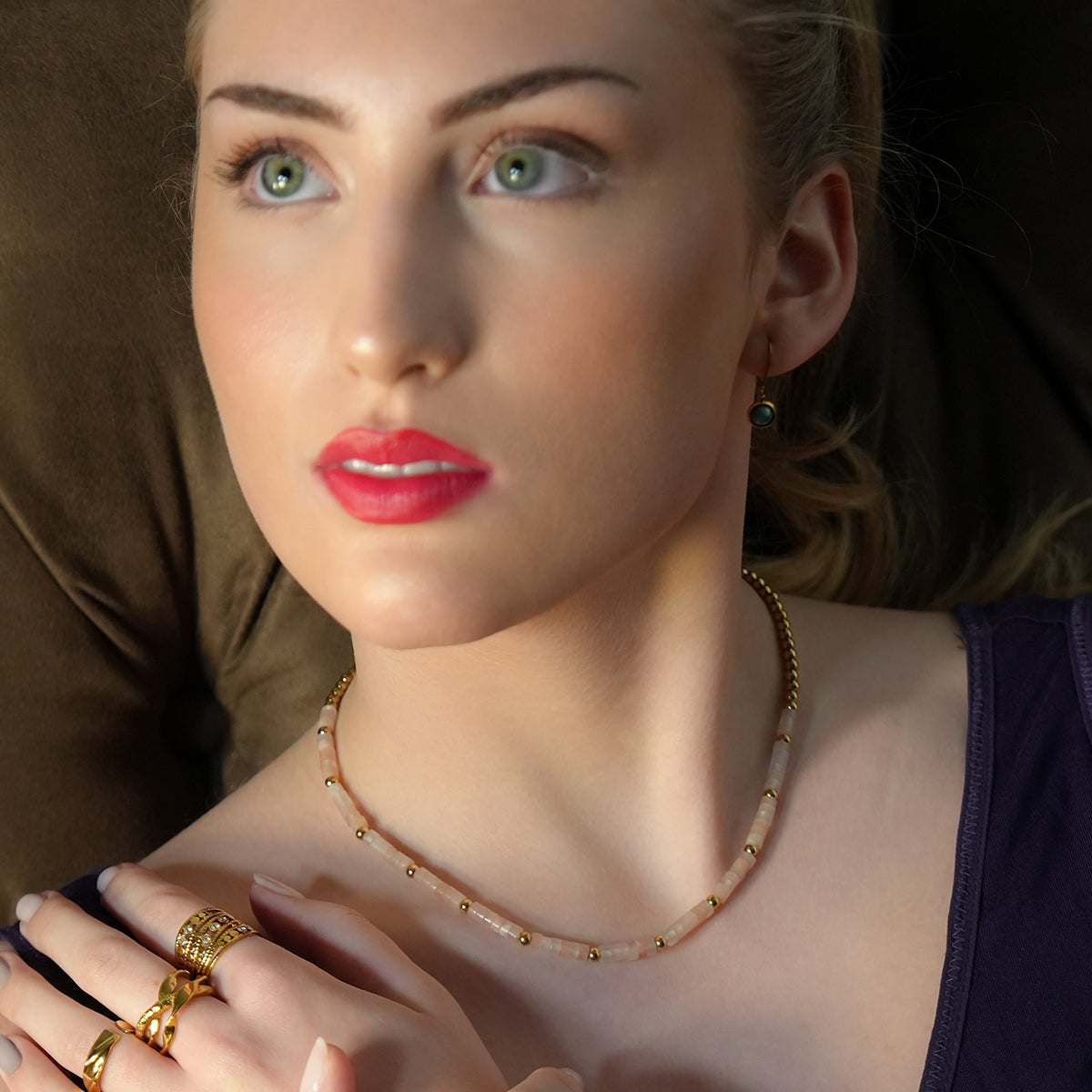 ISHANI: Pink Aventurine Stones and Gold Beaded Necklace