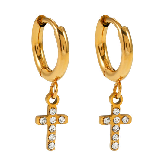 ISTEN Gold: Mini Hoop Earrings with Pavé Zirconia Cross