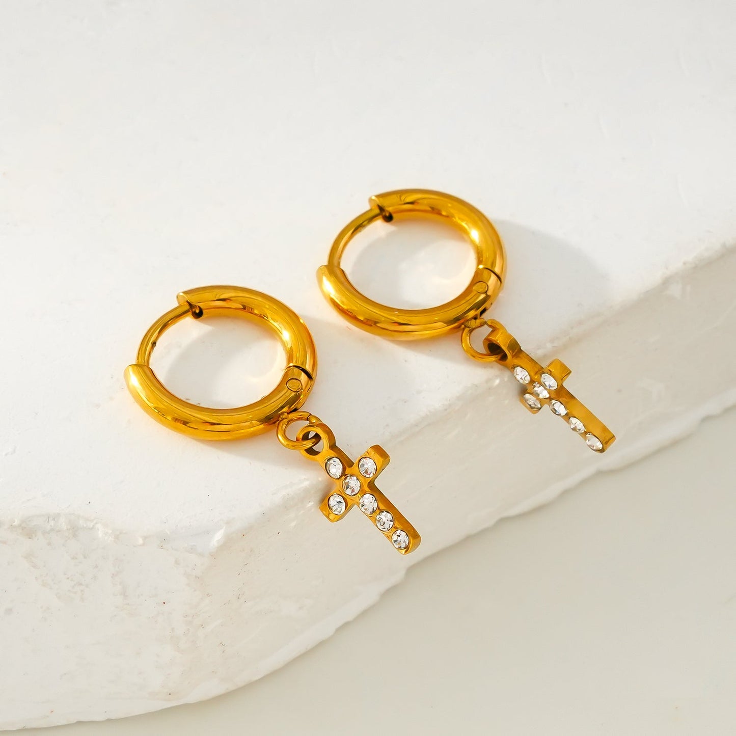ISTEN Gold: Mini Hoop Earrings with Pavé Zirconia Cross