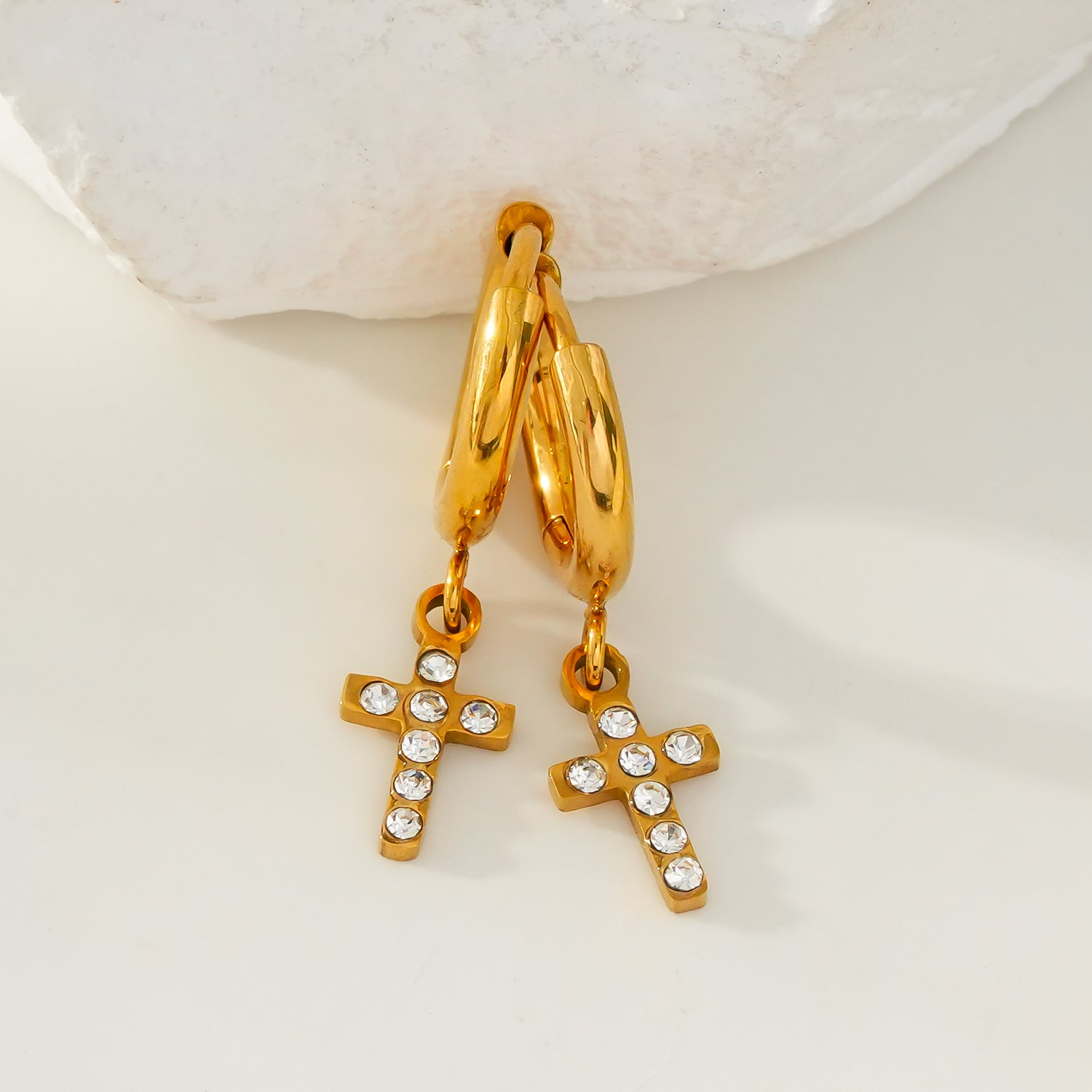ISTEN Gold: Mini Hoop Earrings with Pavé Zirconia Cross
