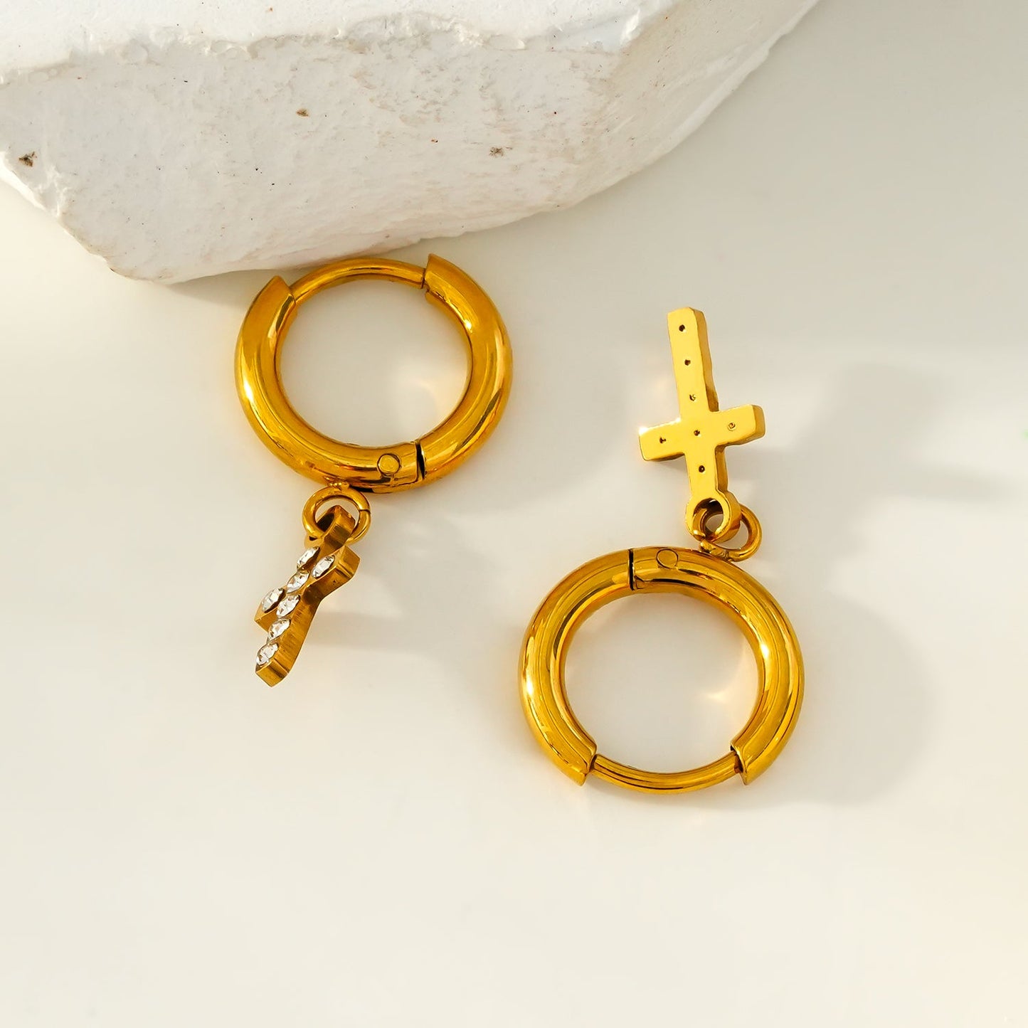 ISTEN Gold: Mini Hoop Earrings with Pavé Zirconia Cross