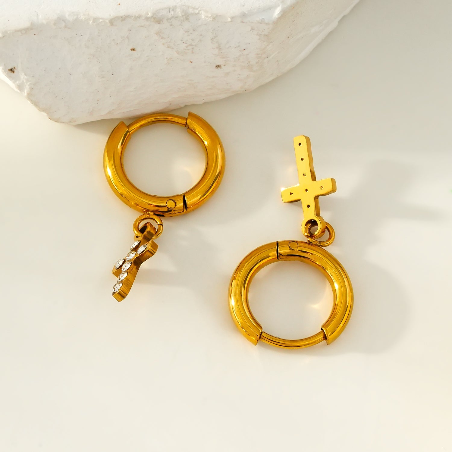 ISTEN Gold: Mini Hoop Earrings with Pavé Zirconia Cross