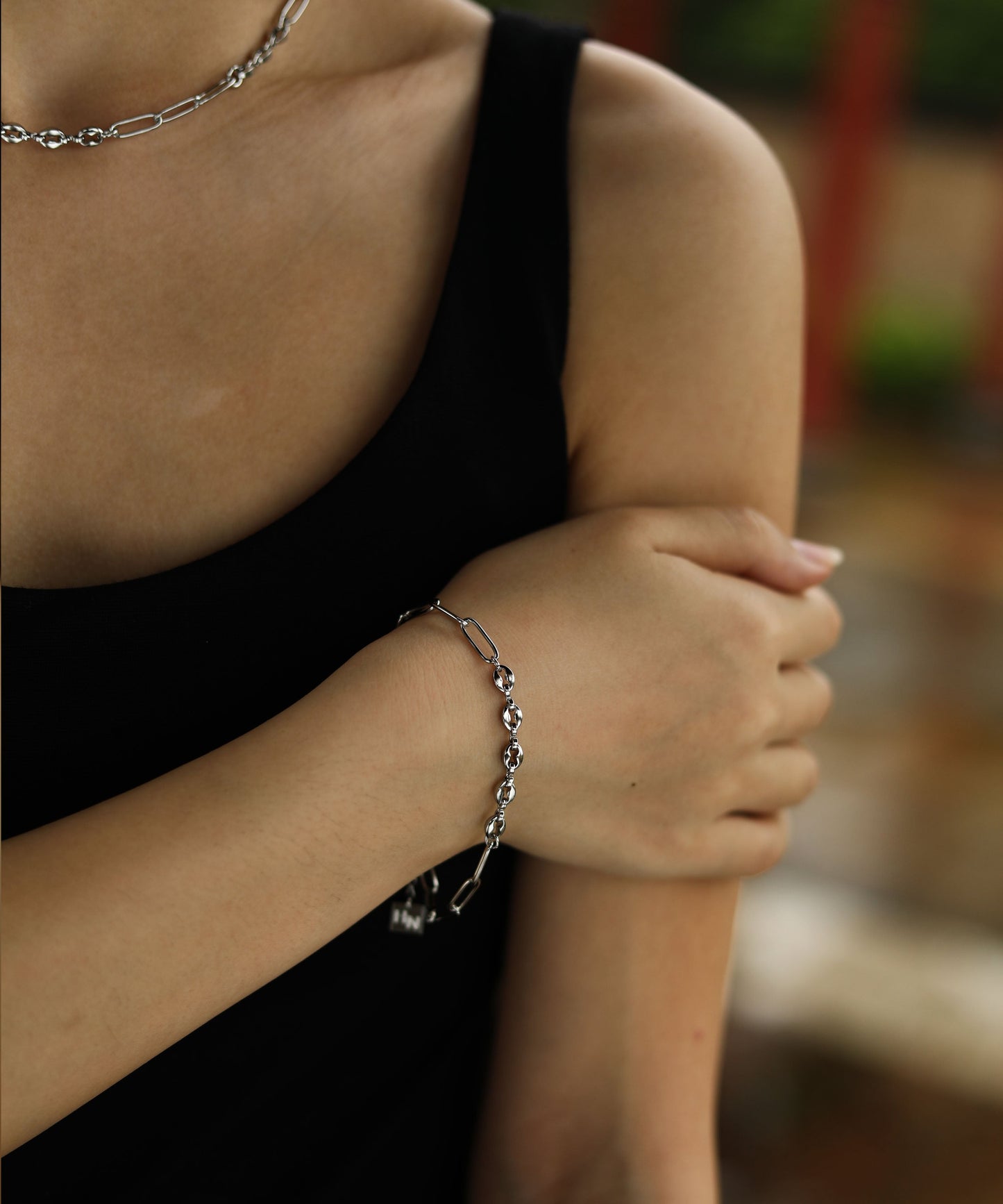 IZARA Silver (White Gold):  Paperclip & Oval Bead Chain Bracelet – Modern Minimal Statement Jewellery