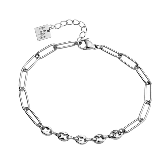 IZARA Silver (White Gold):  Paperclip & Oval Bead Chain Bracelet – Modern Minimal Statement Jewellery