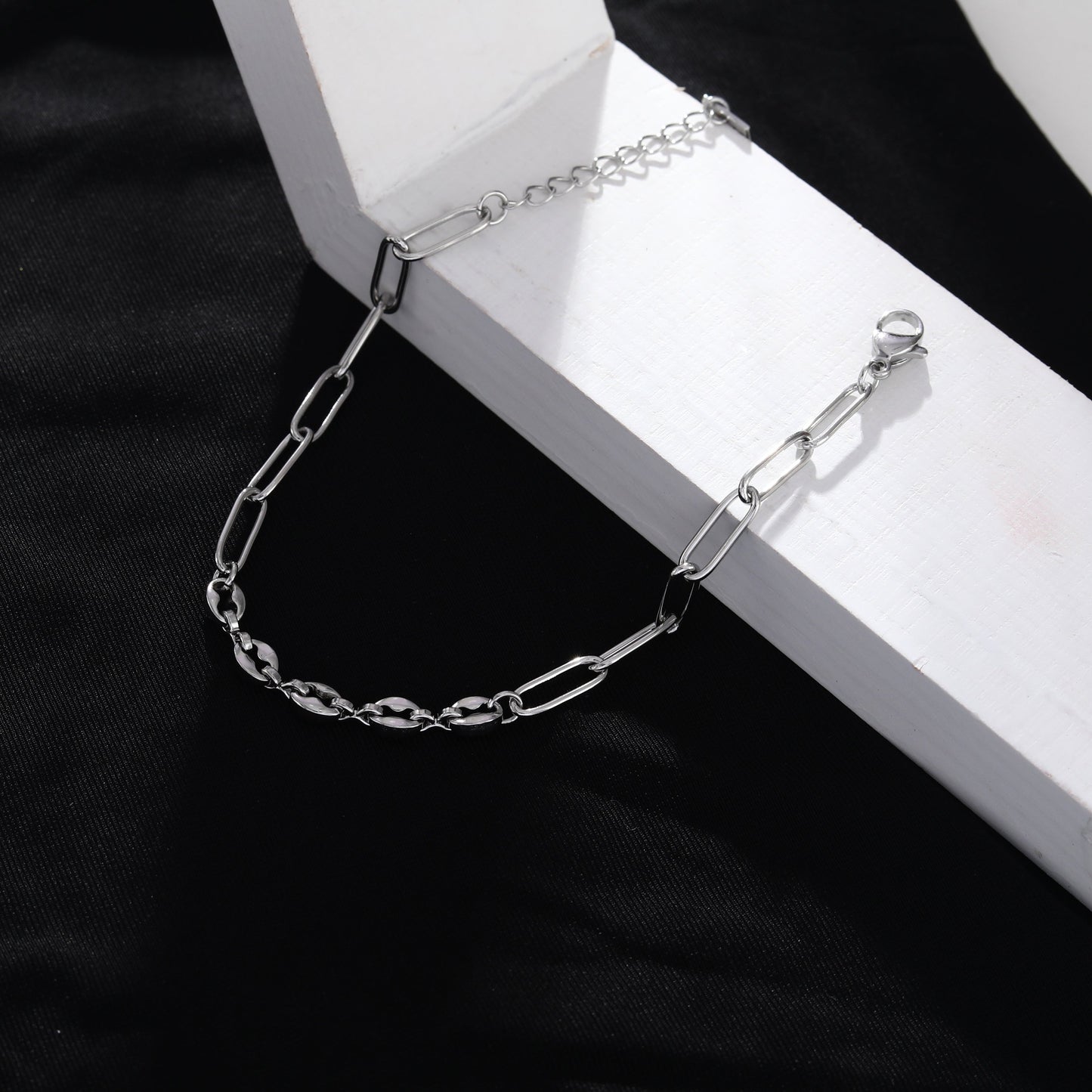 IZARA Silver (White Gold):  Paperclip & Oval Bead Chain Bracelet – Modern Minimal Statement Jewellery