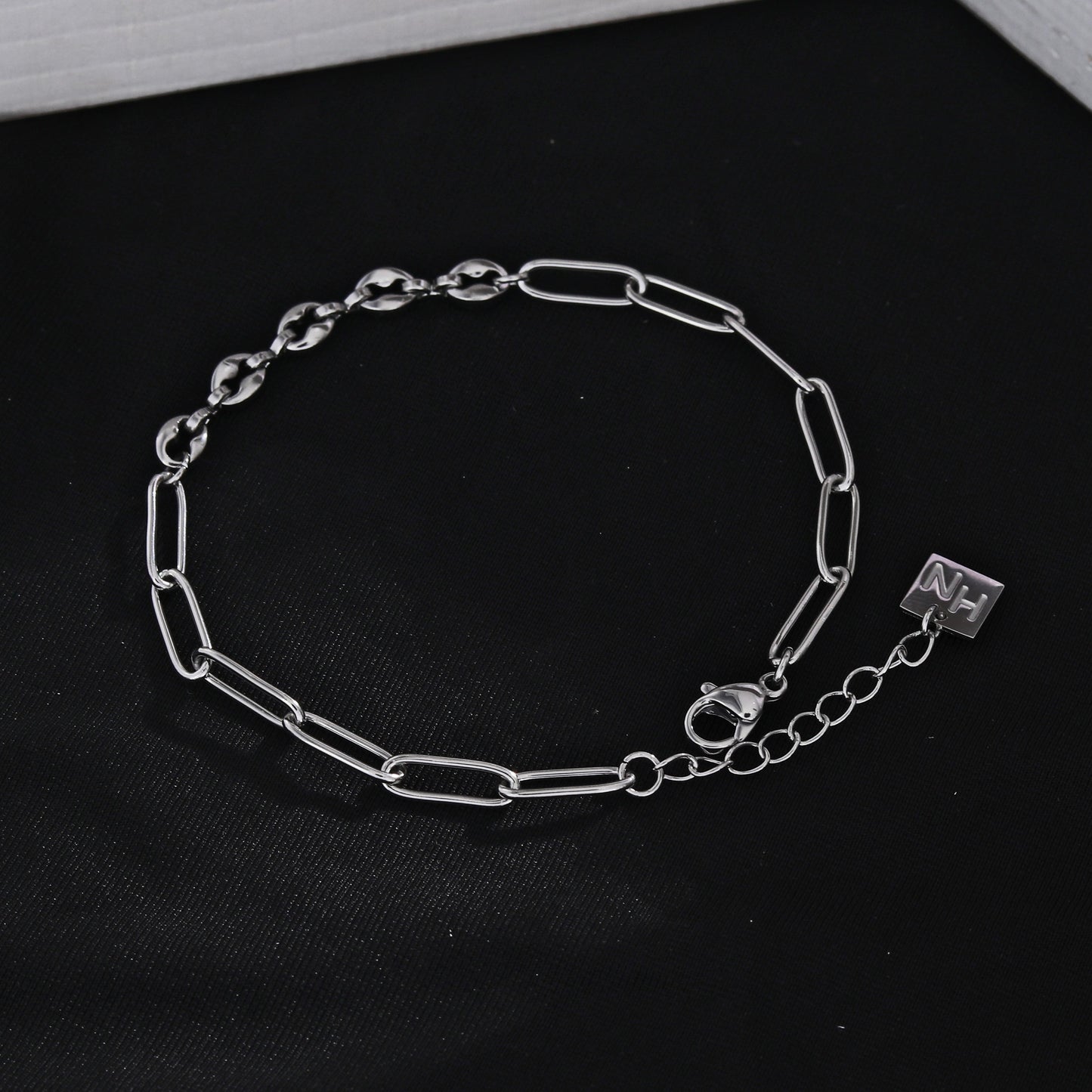 IZARA Silver (White Gold):  Paperclip & Oval Bead Chain Bracelet – Modern Minimal Statement Jewellery