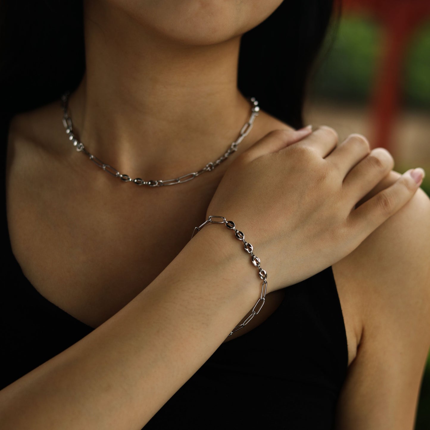 IZARA Silver (White Gold):  Paperclip & Oval Bead Chain Bracelet – Modern Minimal Statement Jewellery