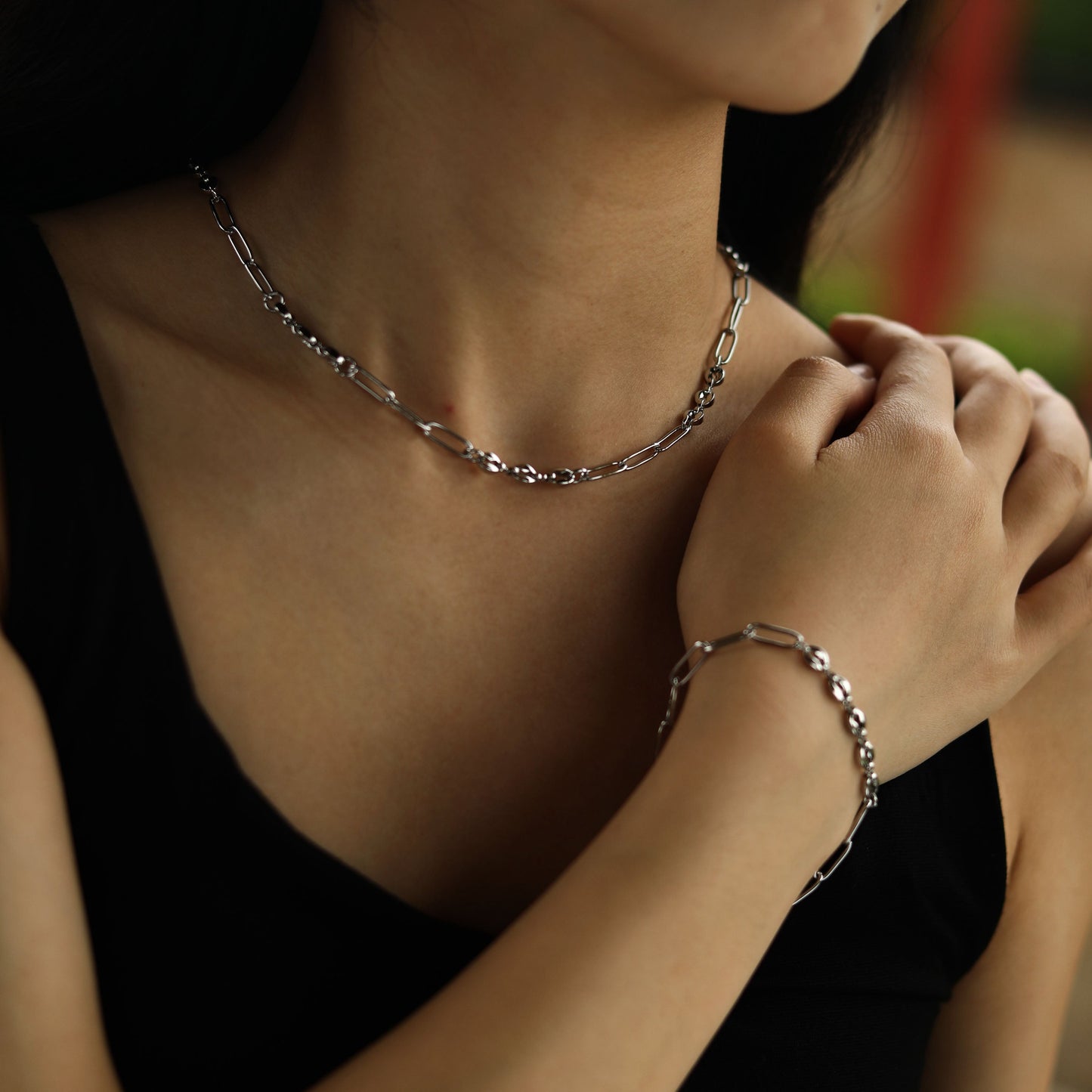 IZARA Silver (White Gold):  Paperclip & Oval Bead Chain Bracelet – Modern Minimal Statement Jewellery