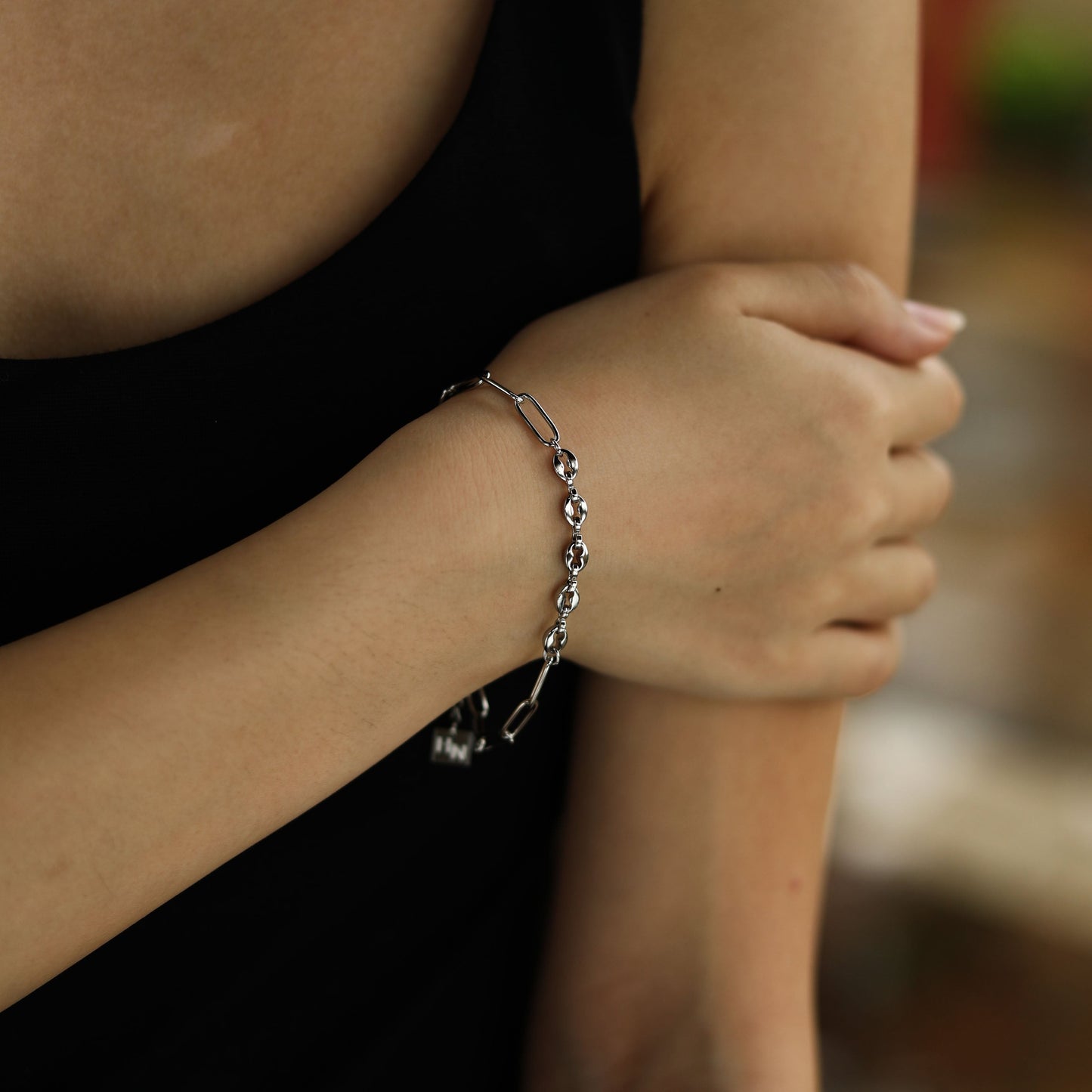 IZARA Silver (White Gold):  Paperclip & Oval Bead Chain Bracelet – Modern Minimal Statement Jewellery