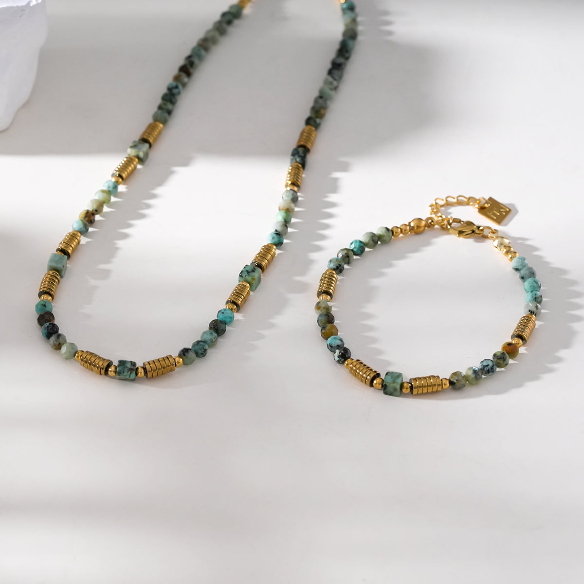 JEMIMA: African Turquoise Stones and Gold Beaded Bracelet