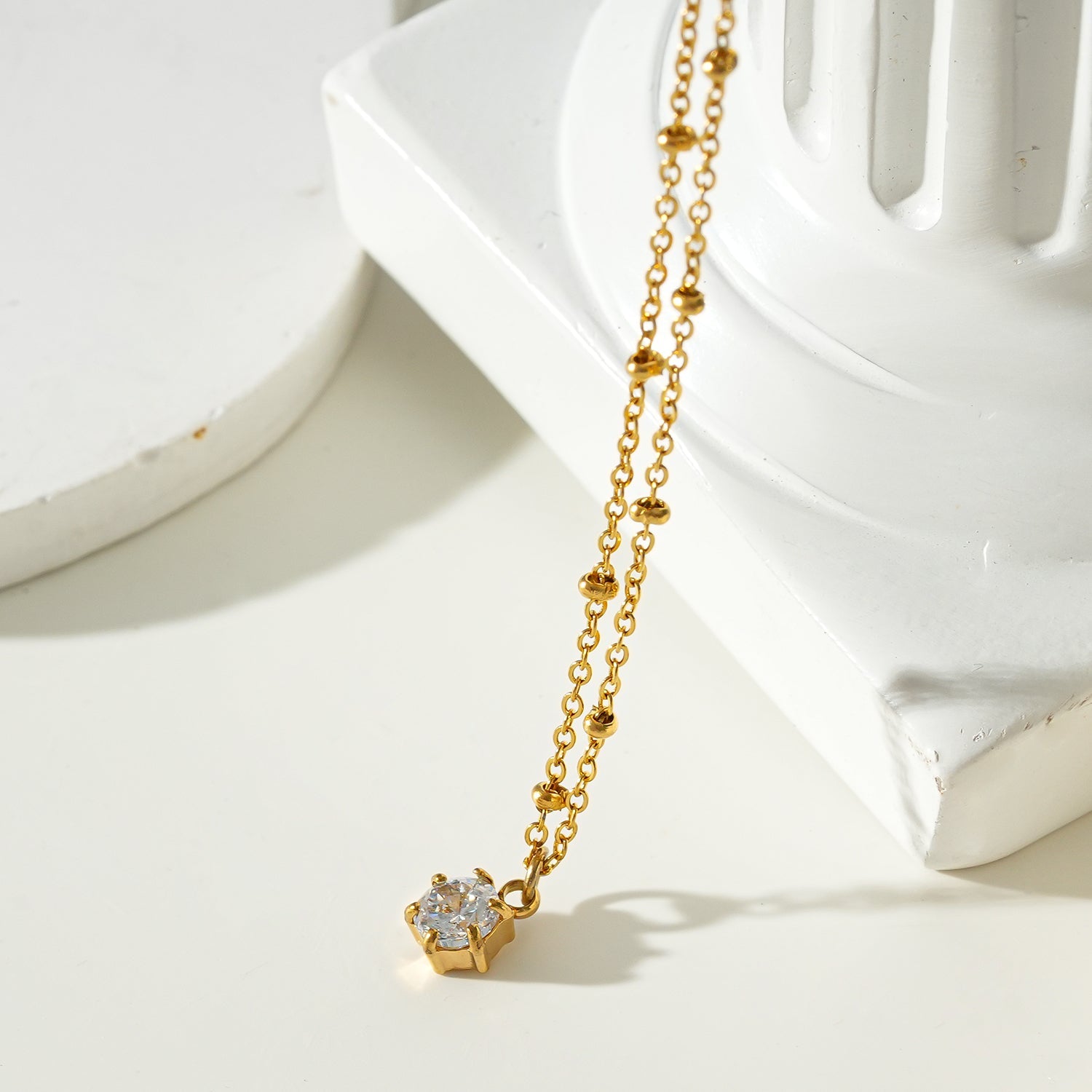 Style KADIRI Gold:  Solitaire Zirconia Charm Pendant on a Beaded Chain Necklace