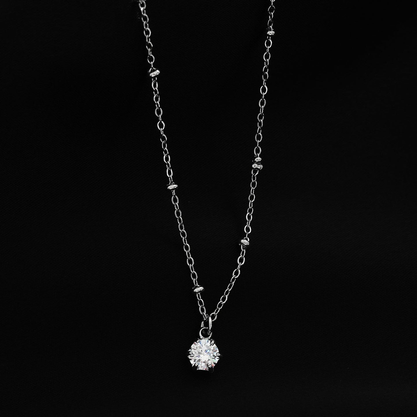 Style KADIRI Silver:  Solitaire Zirconia Charm Pendant on a Beaded Chain Necklace