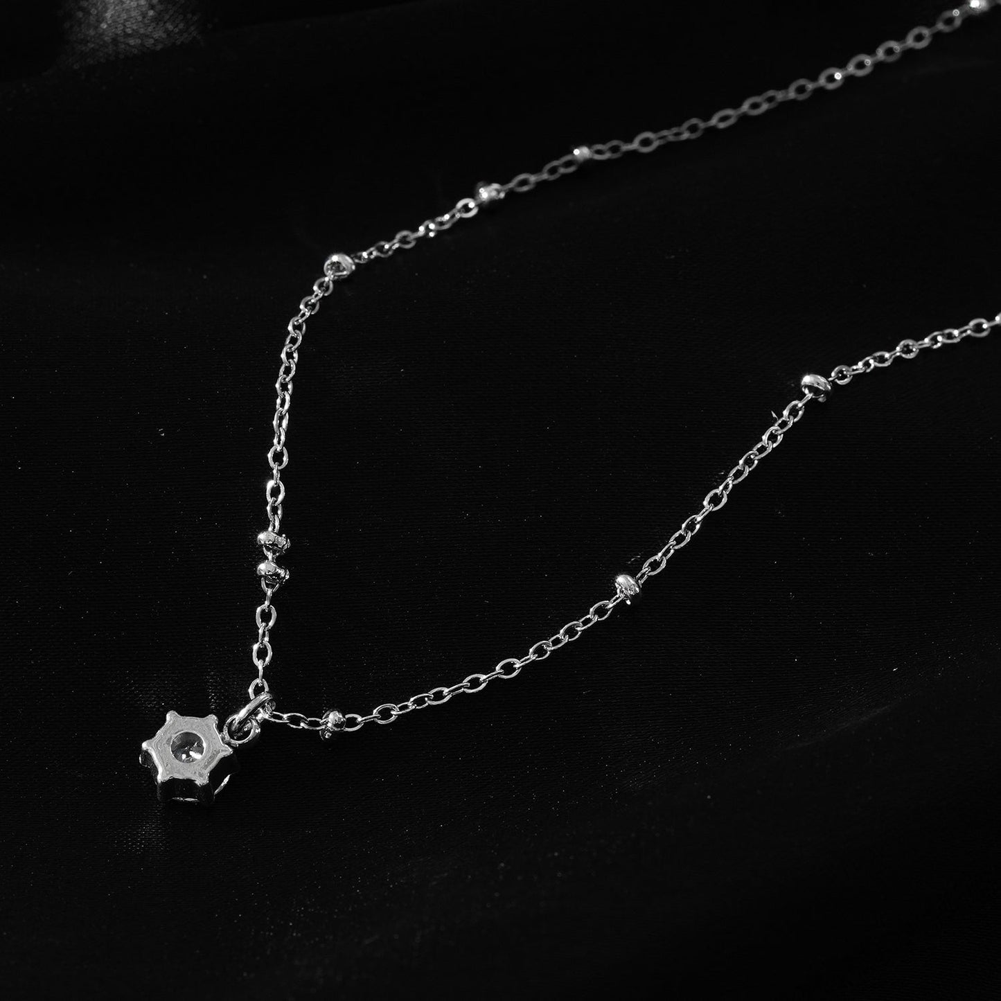 Style KADIRI Silver:  Solitaire Zirconia Charm Pendant on a Beaded Chain Necklace