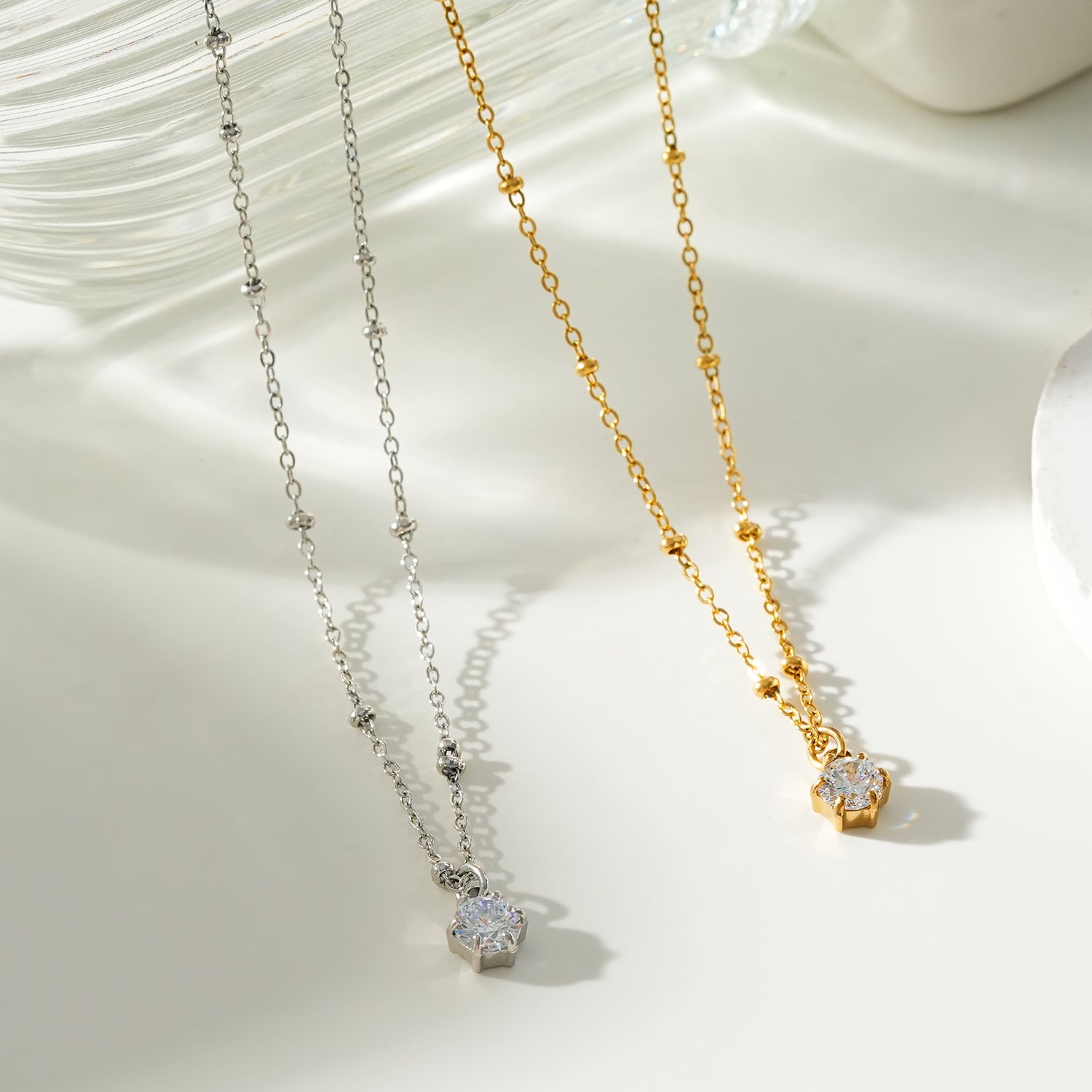 Style KADIRI Gold:  Solitaire Zirconia Charm Pendant on a Beaded Chain Necklace