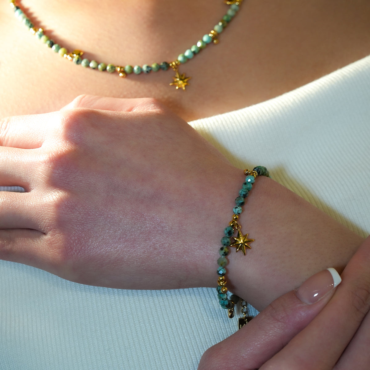 Style KAVYA: Blue Turquoise Stones with Gold Beads & Charms Chain Bracelet