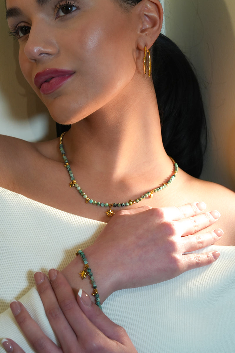 Style KAVYA: Blue Turquoise Stones with Gold Beads & Charms Chain Bracelet