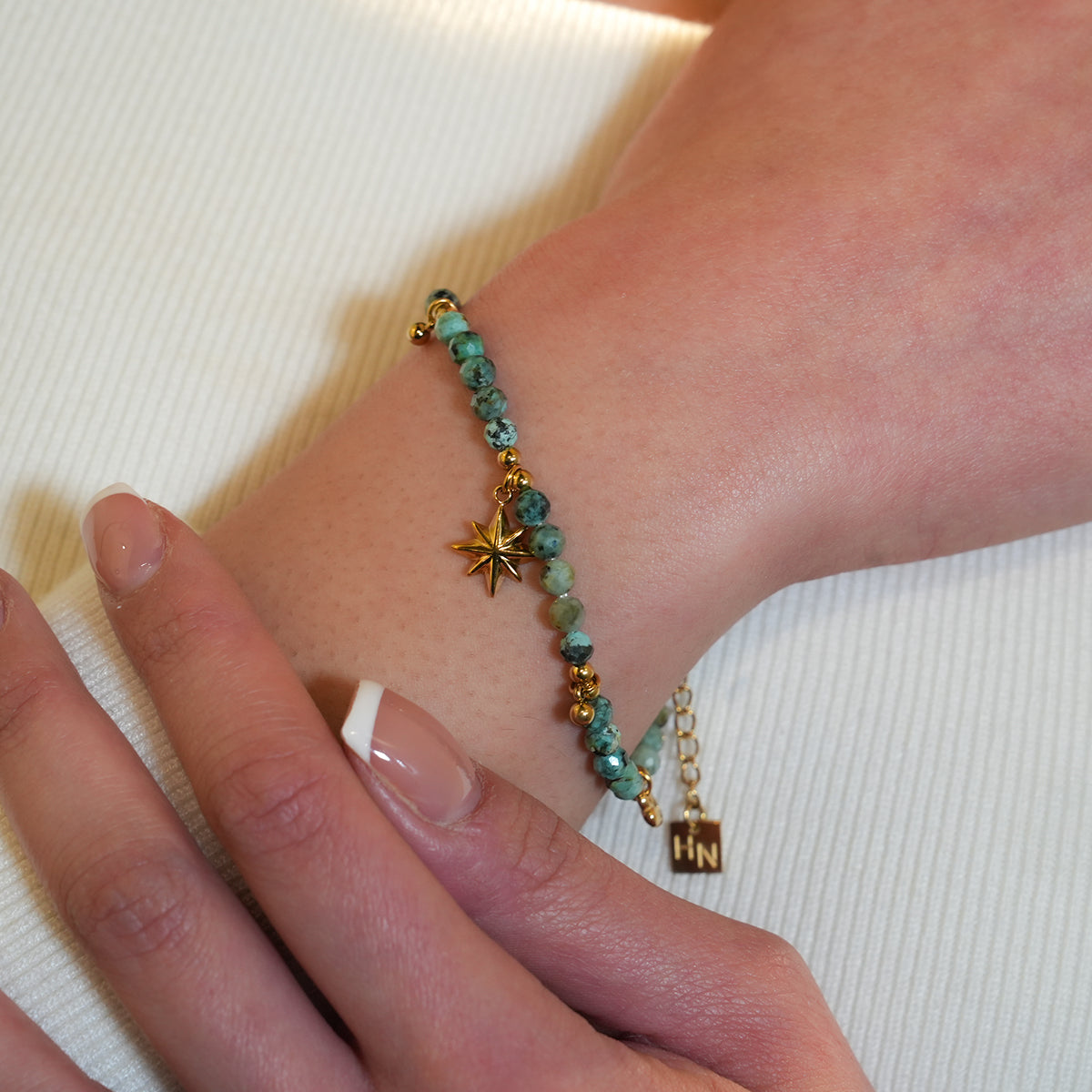 Style KAVYA: Blue Turquoise Stones with Gold Beads & Charms Chain Bracelet