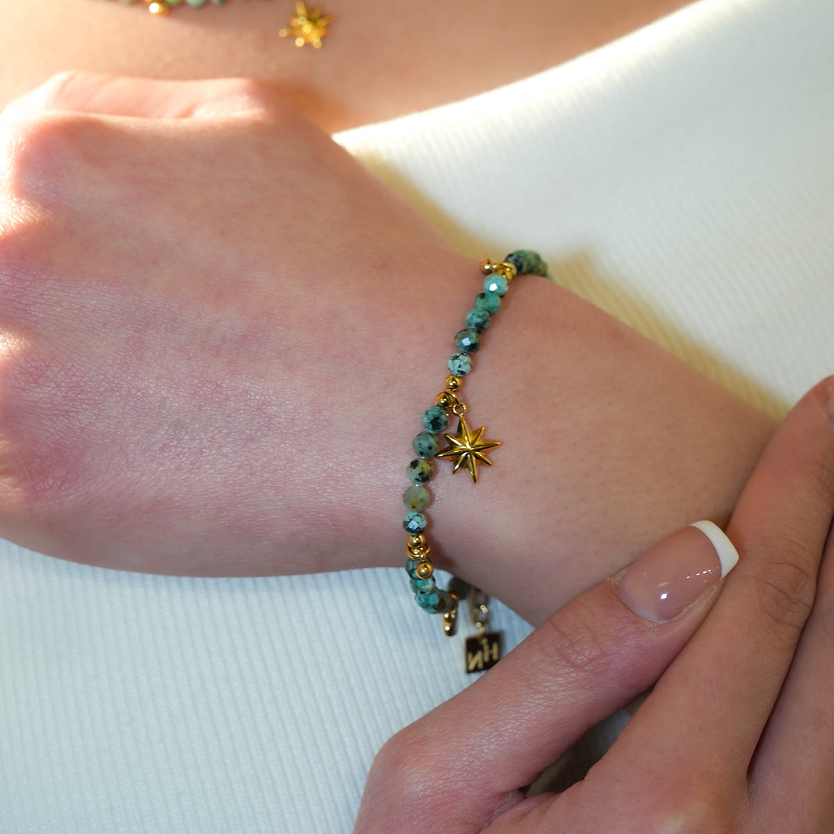 Style KAVYA: Blue Turquoise Stones with Gold Beads & Charms Chain Bracelet