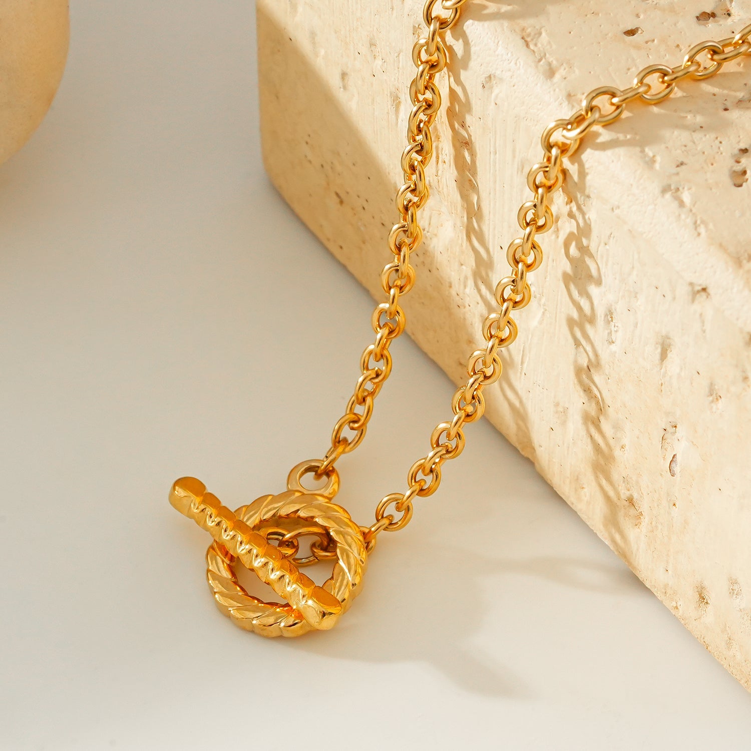 KETCHIGAN:  Classic Chain with Textured T-Bar & Ring Pendant Gold Necklace