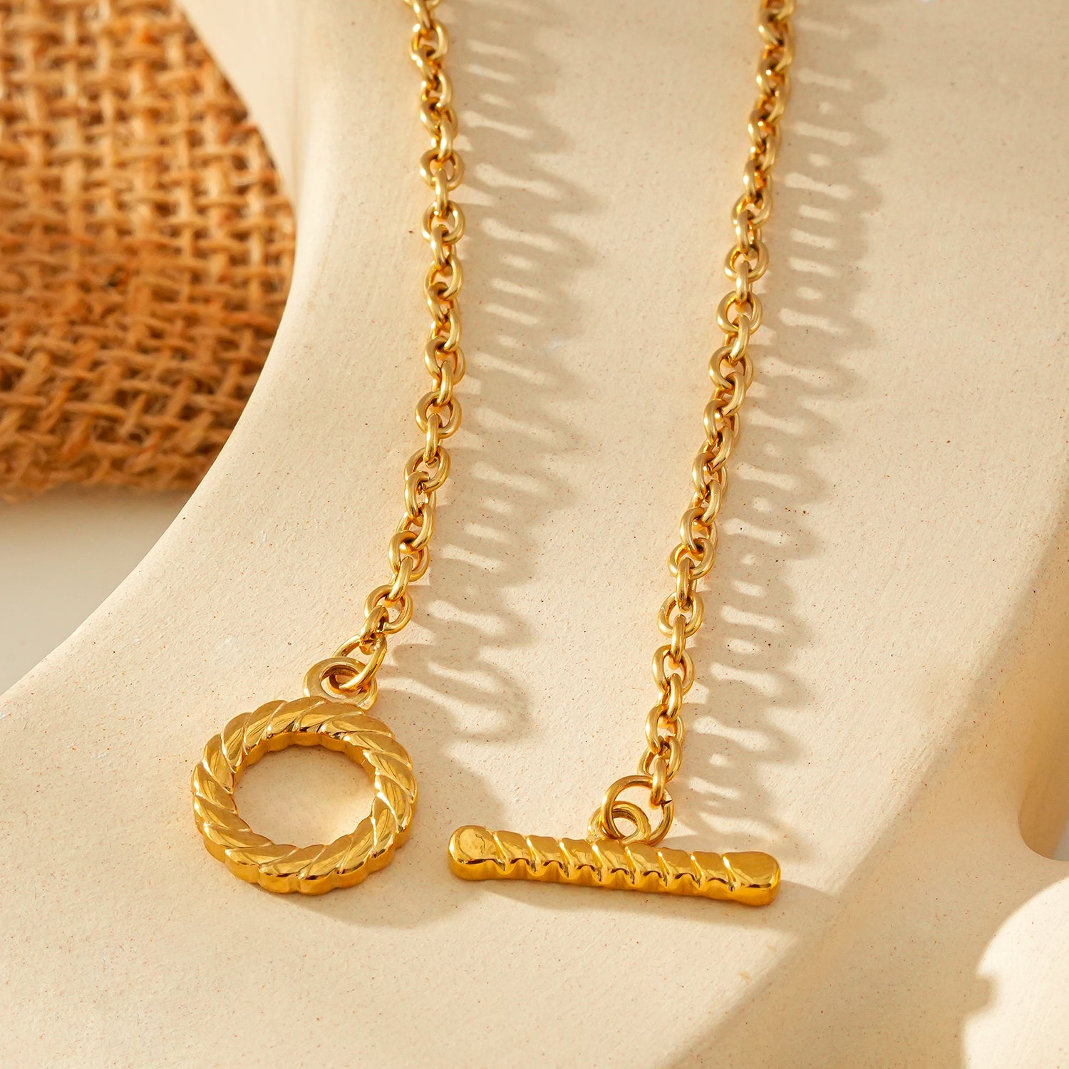 KETCHIGAN:  Classic Chain with Textured T-Bar & Ring Pendant Gold Necklace